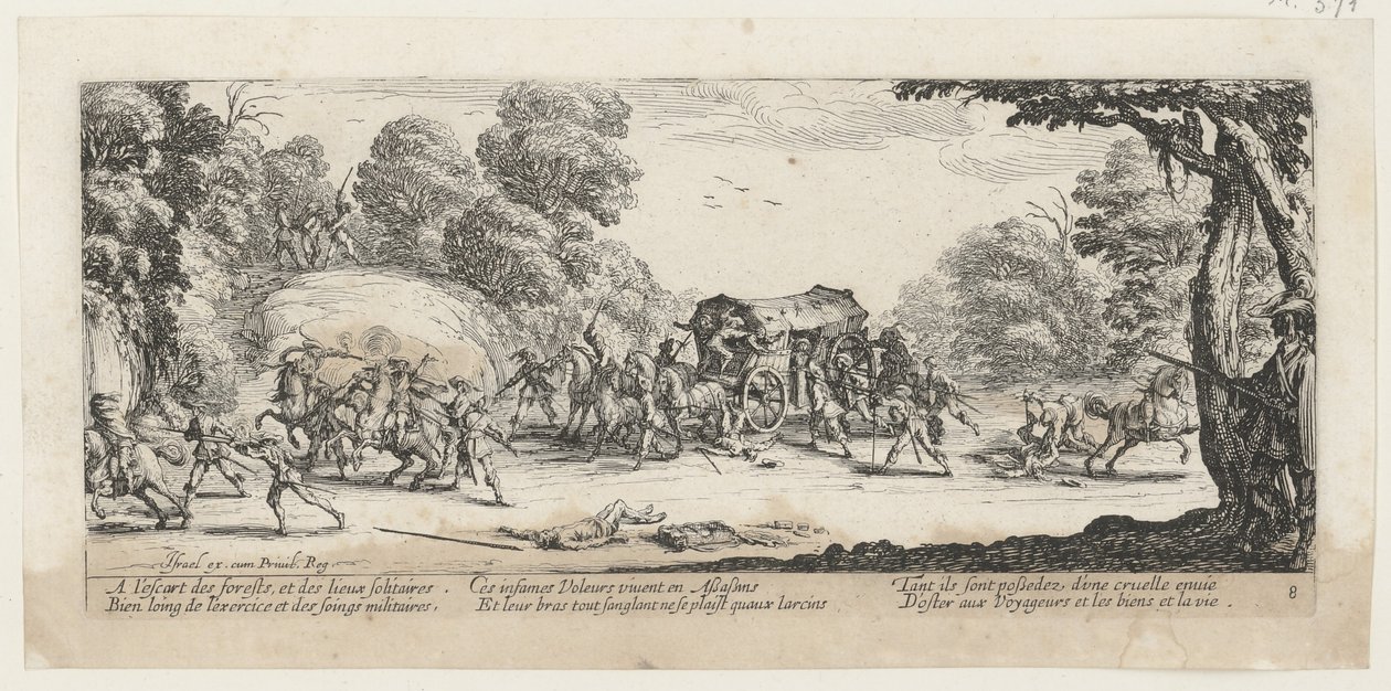Ataque a uma diligência postal, folha 8 da série «Os horrores da guerra» de Jacques Callot