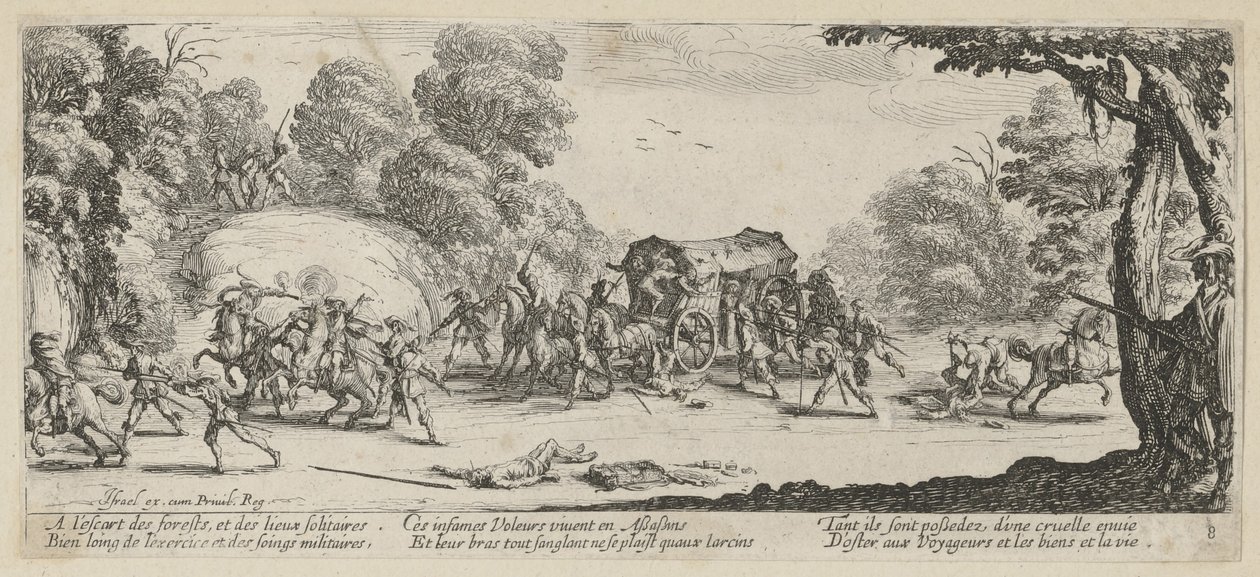 Ataque a uma diligência postal, folha 8 da série «Os horrores da guerra» de Jacques Callot