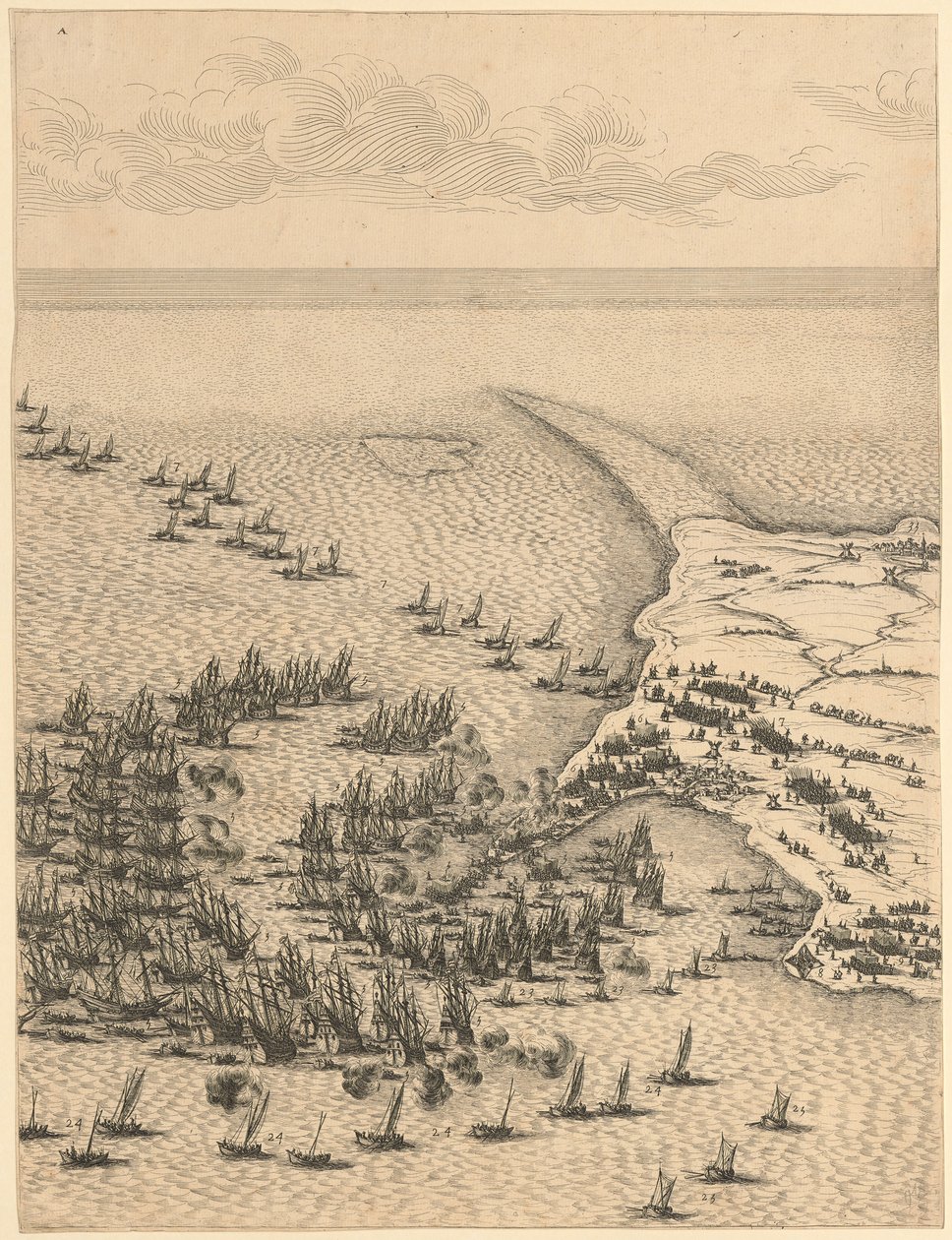 Detalhe da obra «Cerco à cidadela de São Martinho na Ilha de Ré» de Jacques Callot