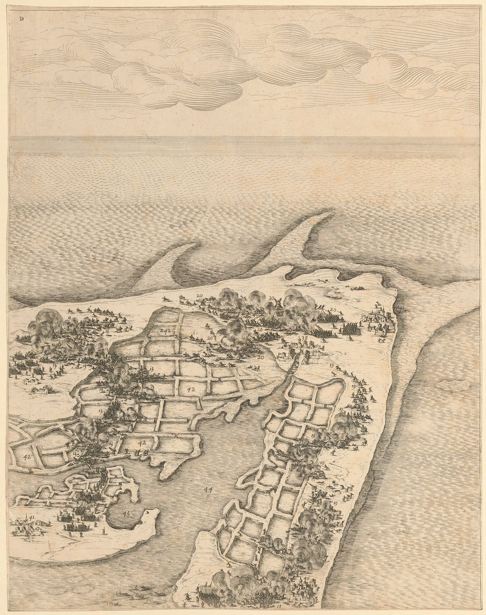 Detalhe da obra «Cerco à cidadela de São Martinho na Ilha de Ré» de Jacques Callot