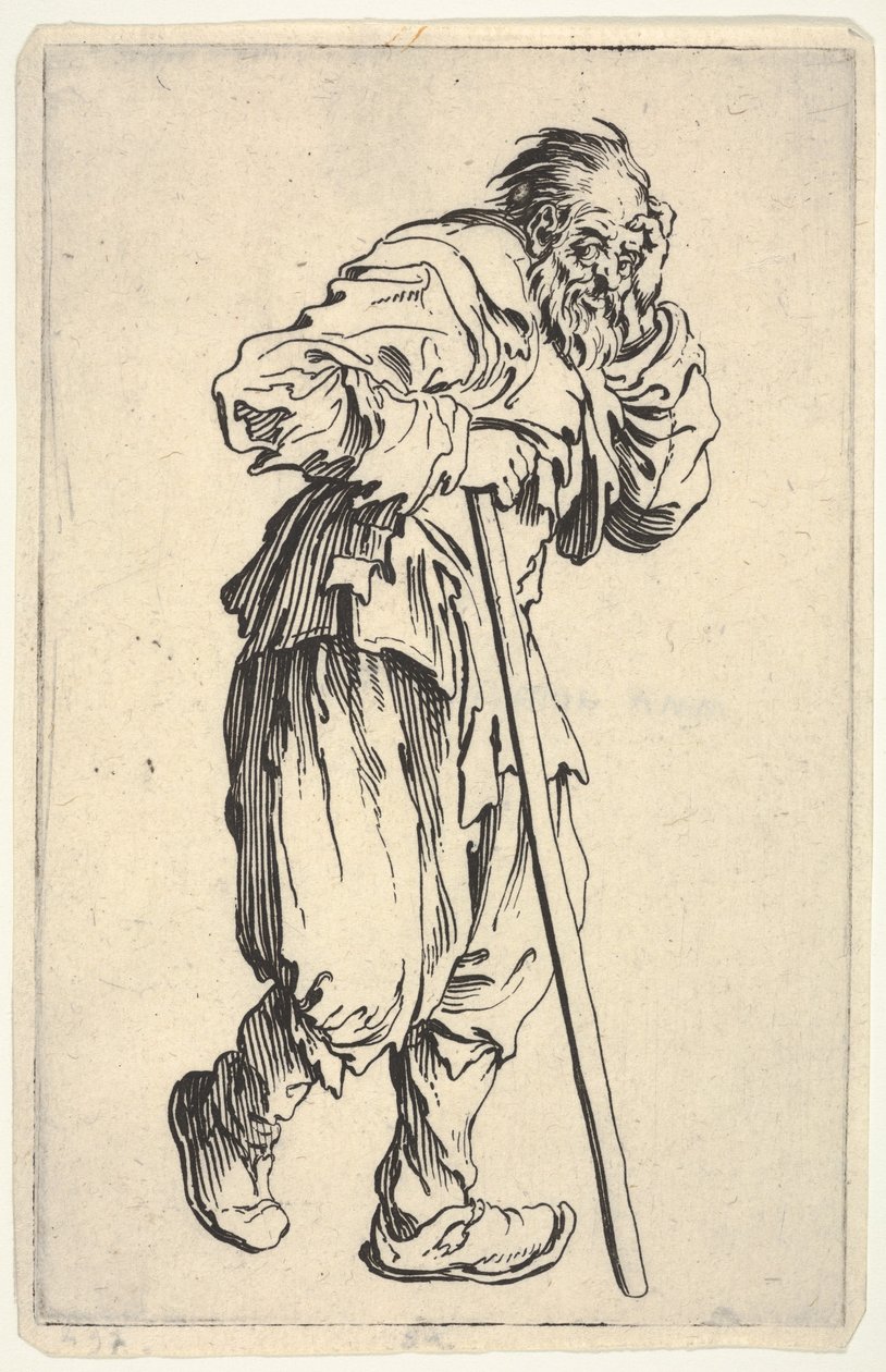 Homem barbudo, vestido de farrapos, segurando a cabeça com uma mão e uma bengala com a outra, de «Os Mendigos» (Les Gueux) de Jacques Callot