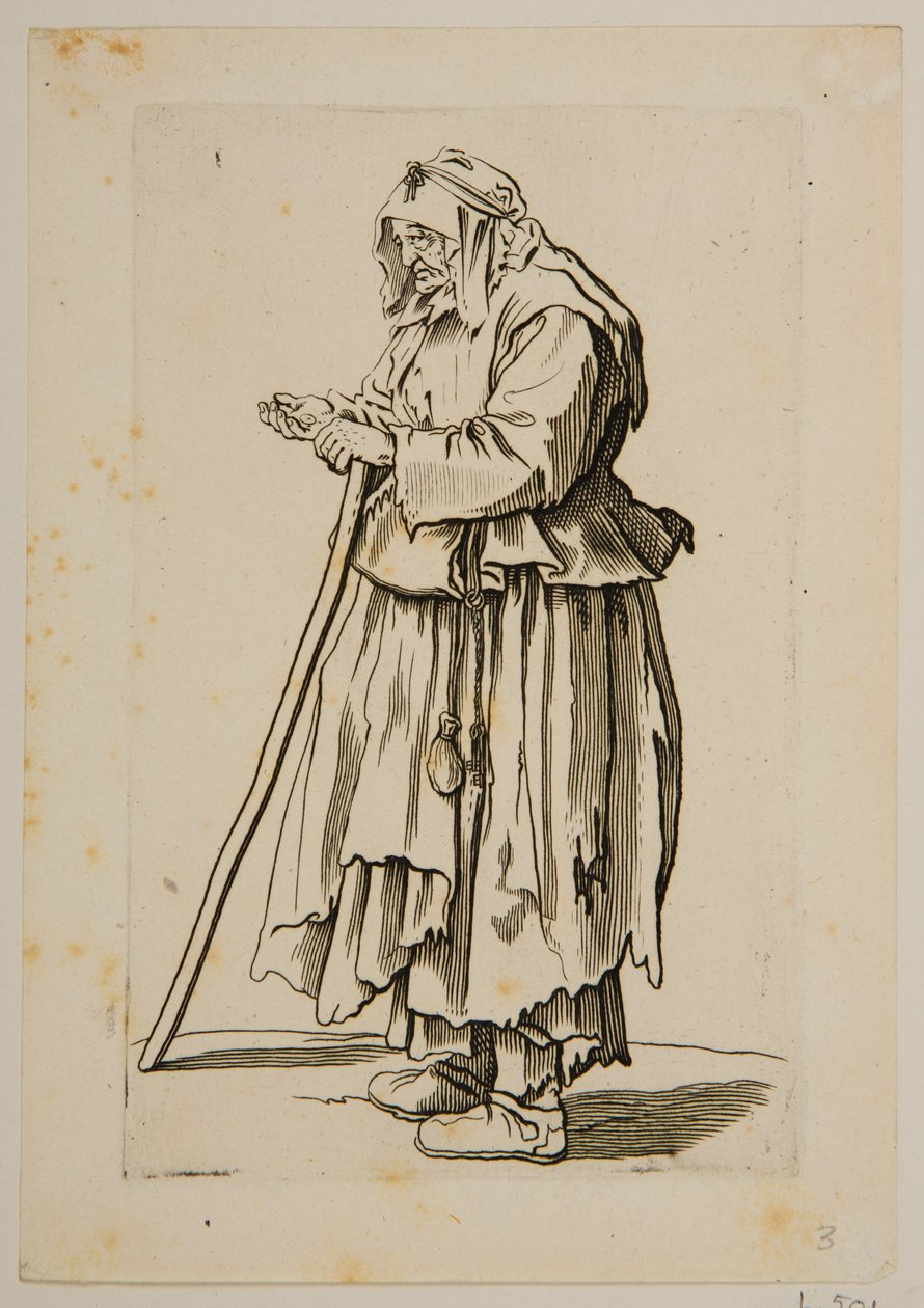 Mulher mendiga que recebe esmola (gravura) de Jacques Callot