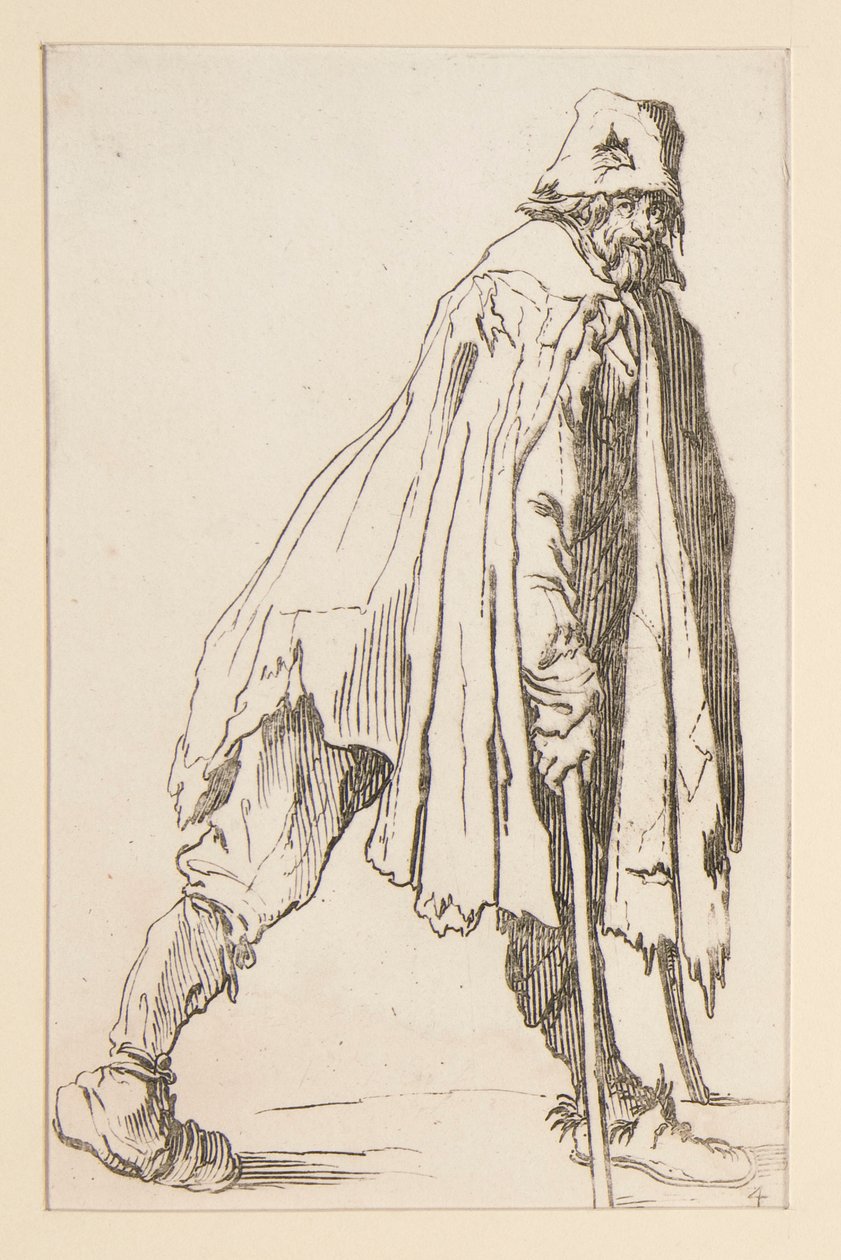 Mendigo de boné, de muletas, de Os mendigos. de Jacques Callot