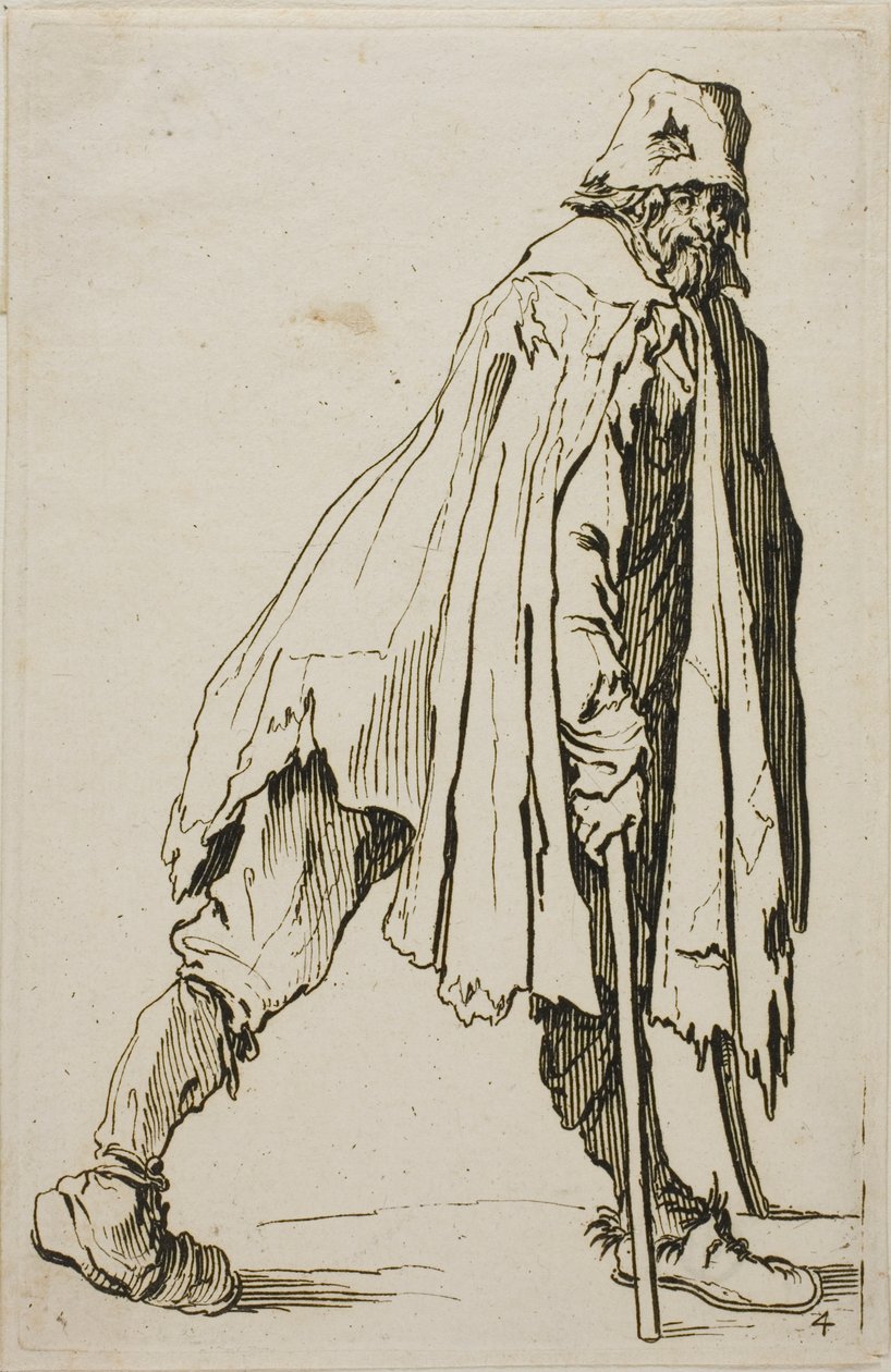 Mendigo de muletas usando um chapéu, prato quatro de Os mendigos de Jacques Callot