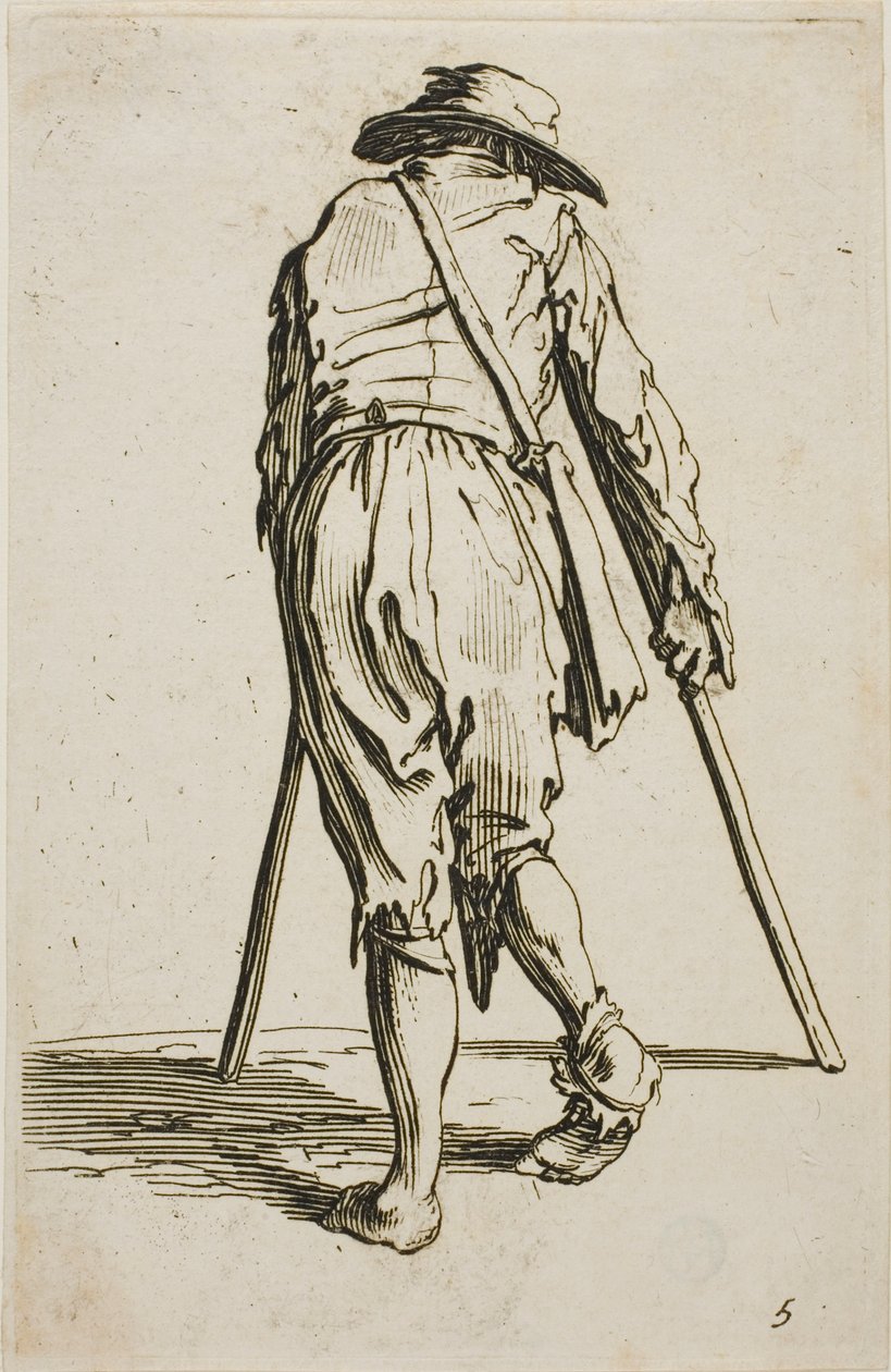 Mendigo de muletas e chapéu, visto de costas, prato cinco de Os Mendigos de Jacques Callot