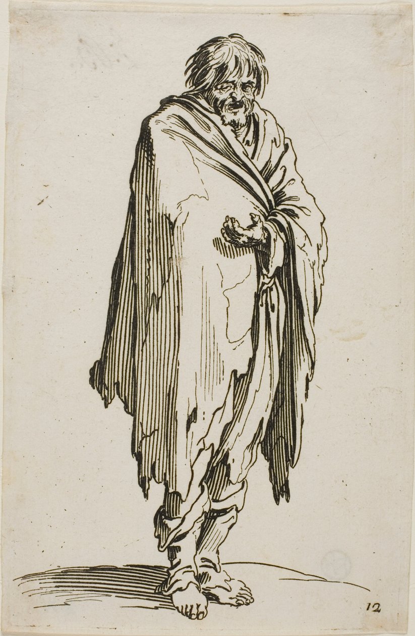 Mendigo sem chapéu ou sapatos, prato doze de Os mendigos de Jacques Callot