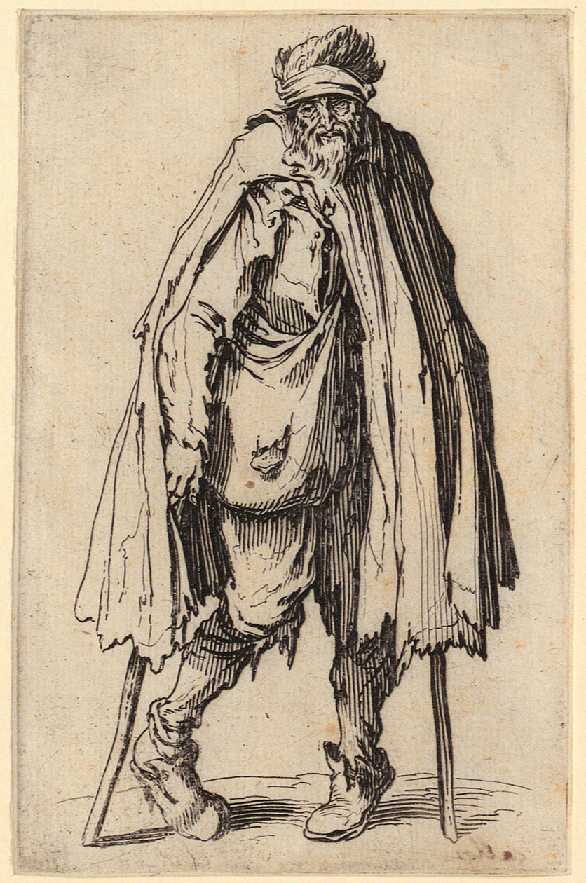 Mendigo com muleta e saco a tiracolo, prancha 10 da série «Os mendigos» de Jacques Callot