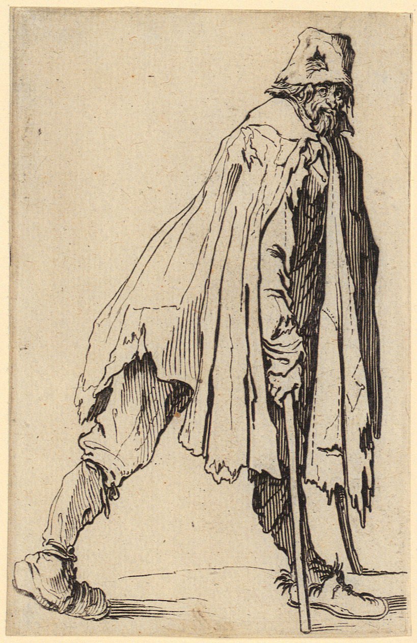 Mendigo com muletas e chapéu, folha 4 da série «Os mendigos» de Jacques Callot