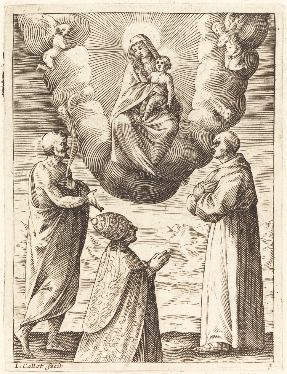 Bonifácio VIII com os Santos Francisco e Crispim adorando a Virgem e o Menino de Jacques Callot