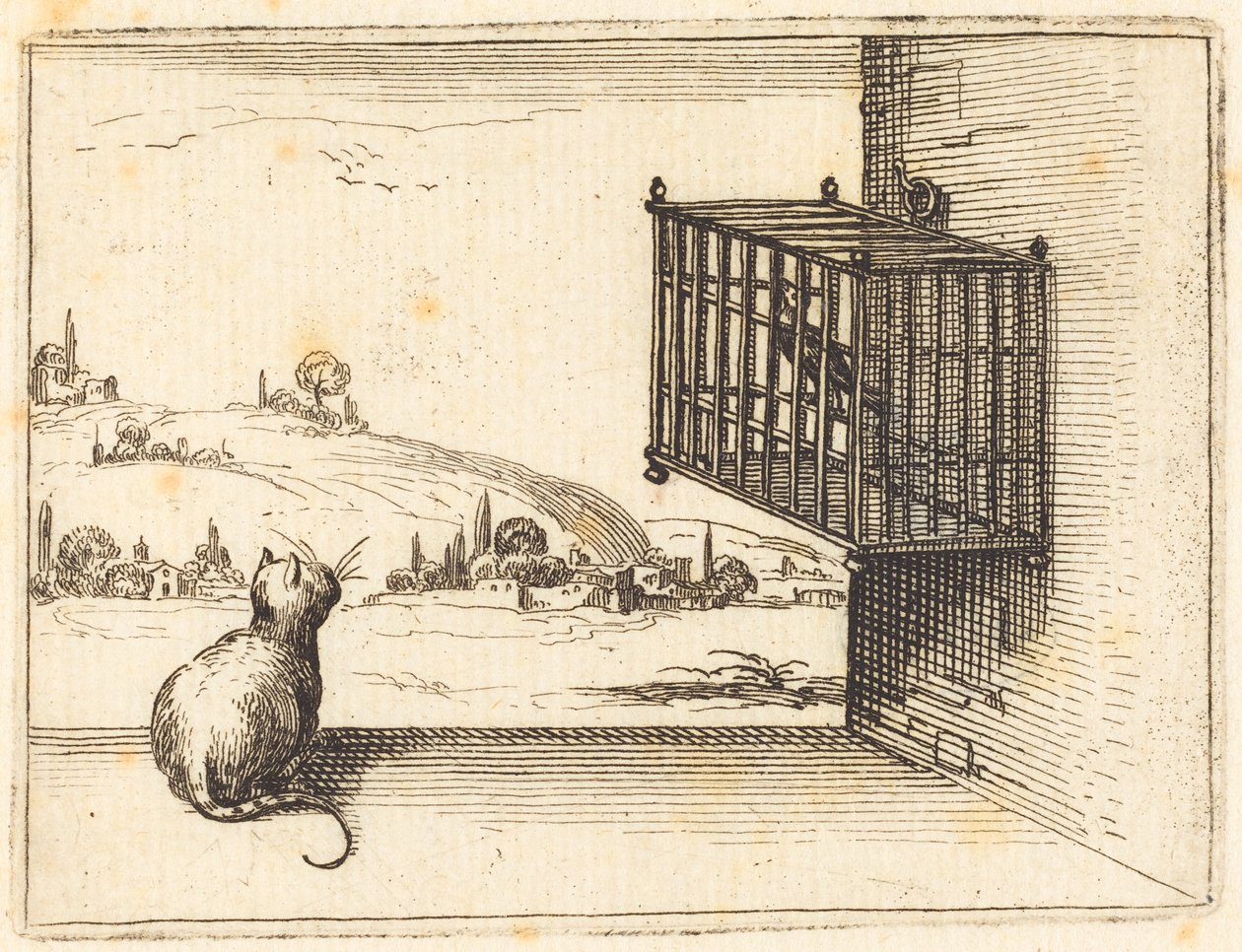 Gato a observar um pássaro enjaulado de Jacques Callot