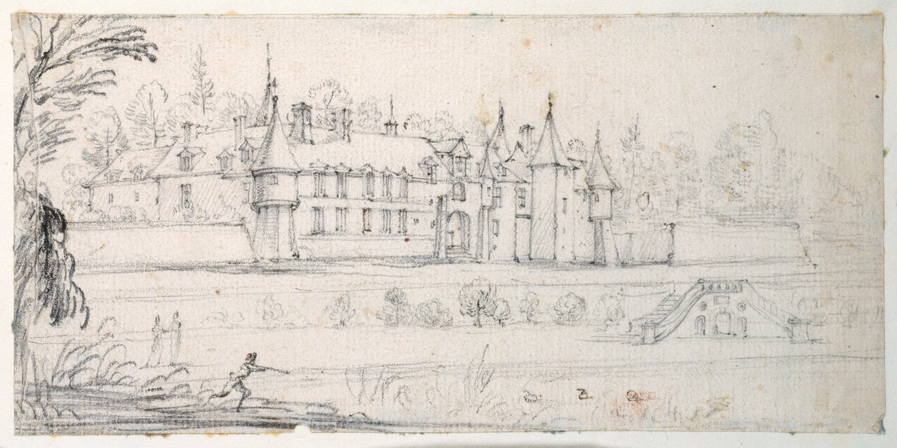 Chateau de Chantelou, no vale do Orge, entre Linas e Chestres (giz preto sobre papel) de Jacques Callot