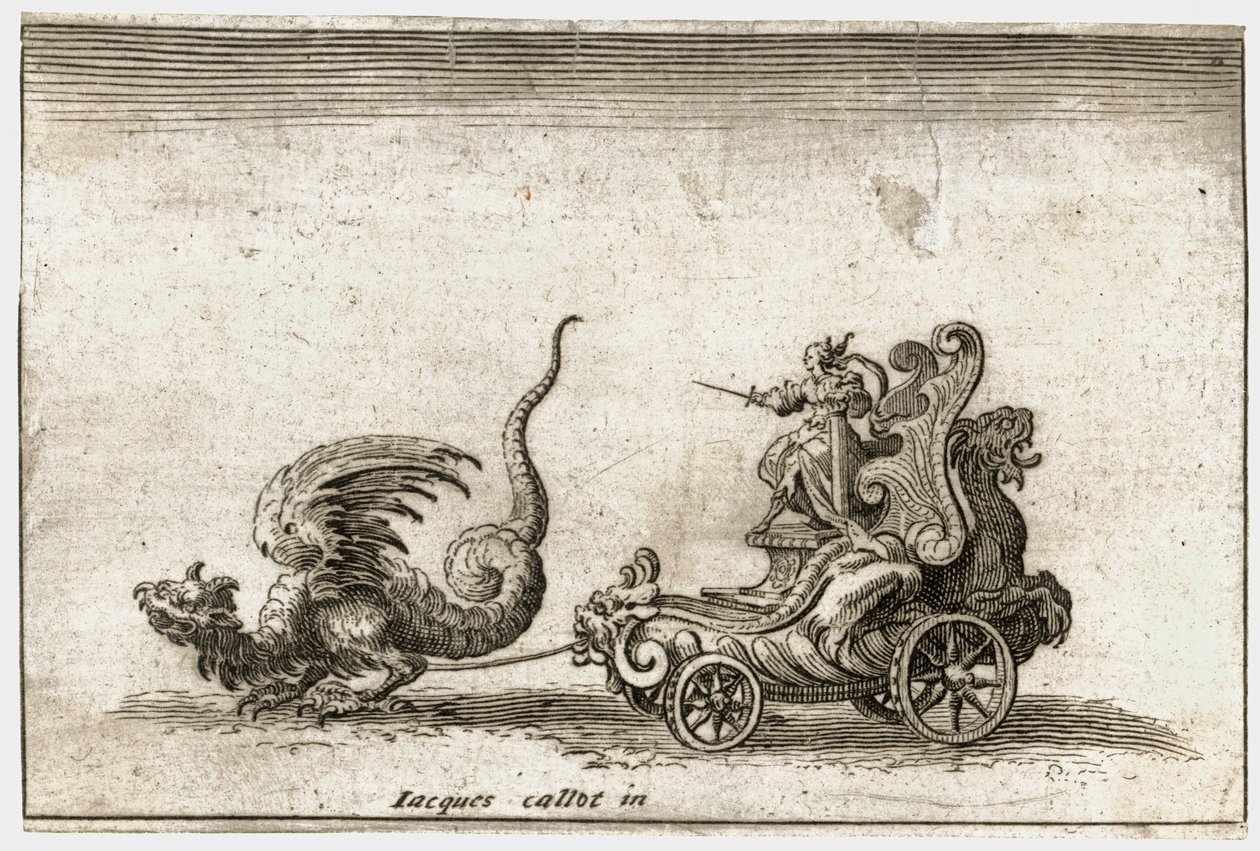 Combate à barreira: Uma carruagem puxada por um dragão ... (gravura) de Jacques Callot