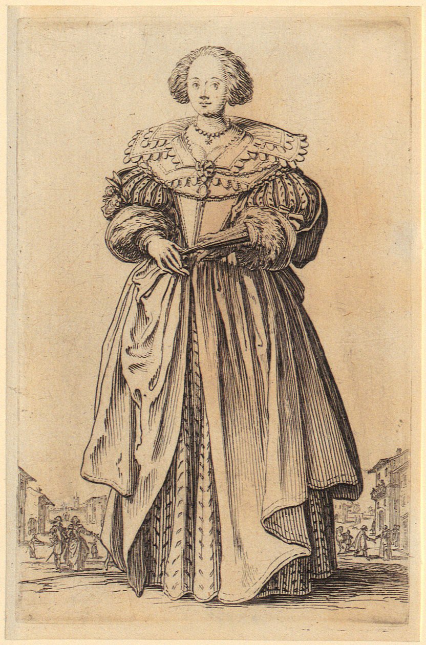 Dama com leque, prancha 9 da série «A nobreza» de Jacques Callot
