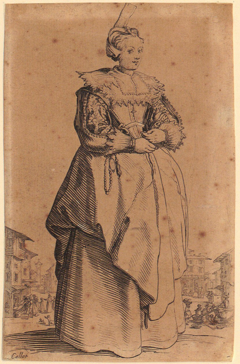Dama com toucado, prancha 1 da série «A nobreza» de Jacques Callot