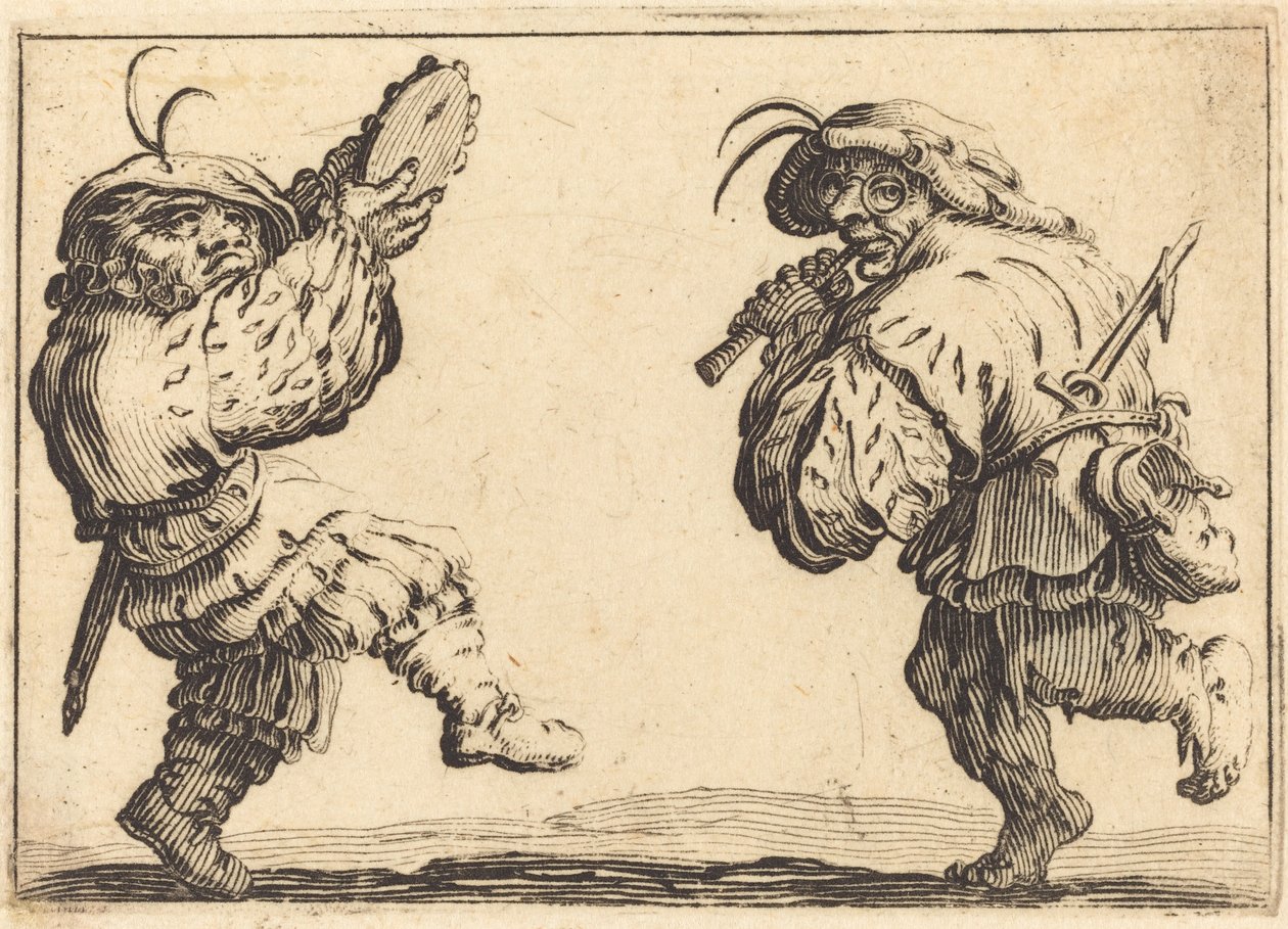 Dançarinos com flauta e pandeiro de Jacques Callot