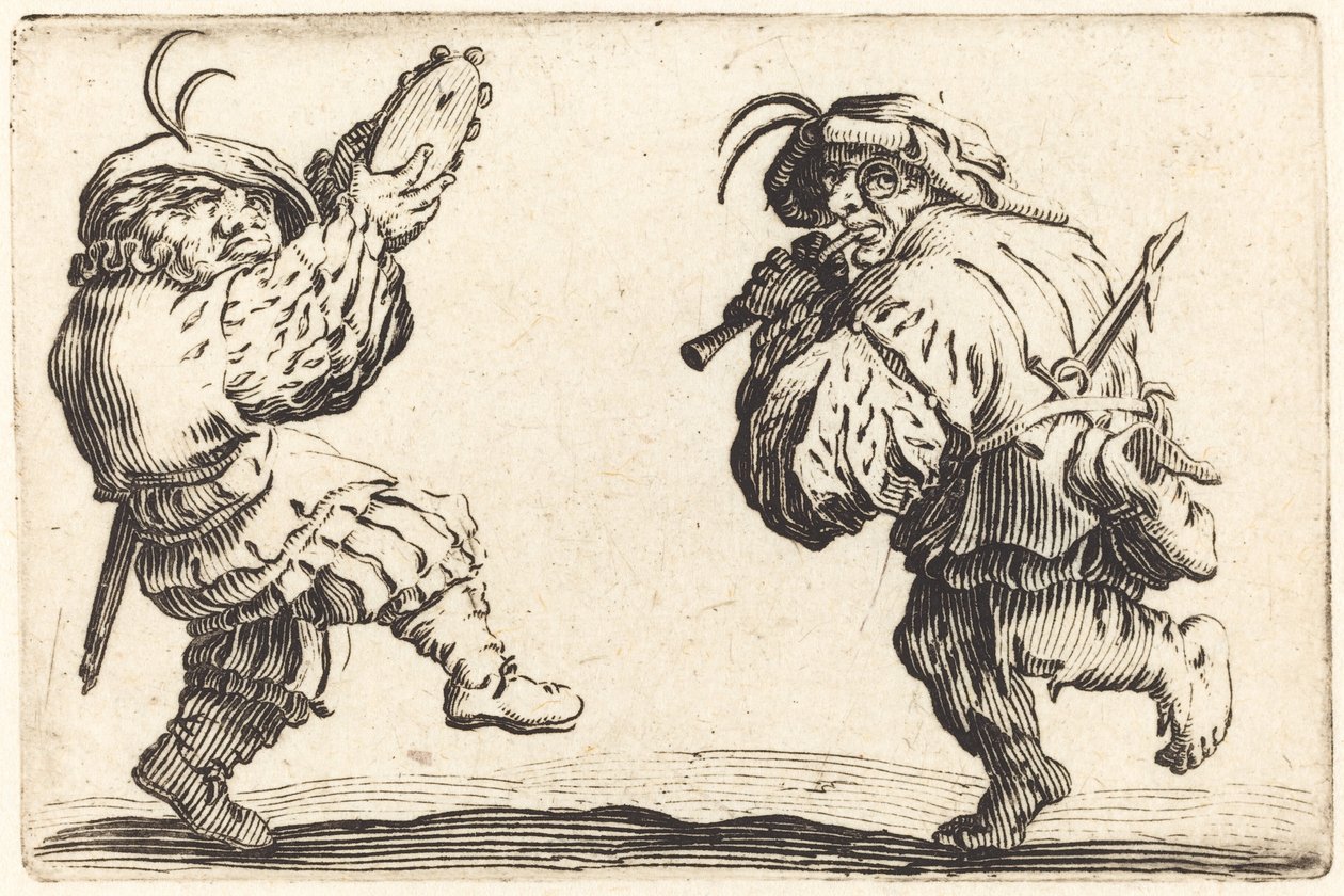 Dançarinos com flauta e pandeiro de Jacques Callot