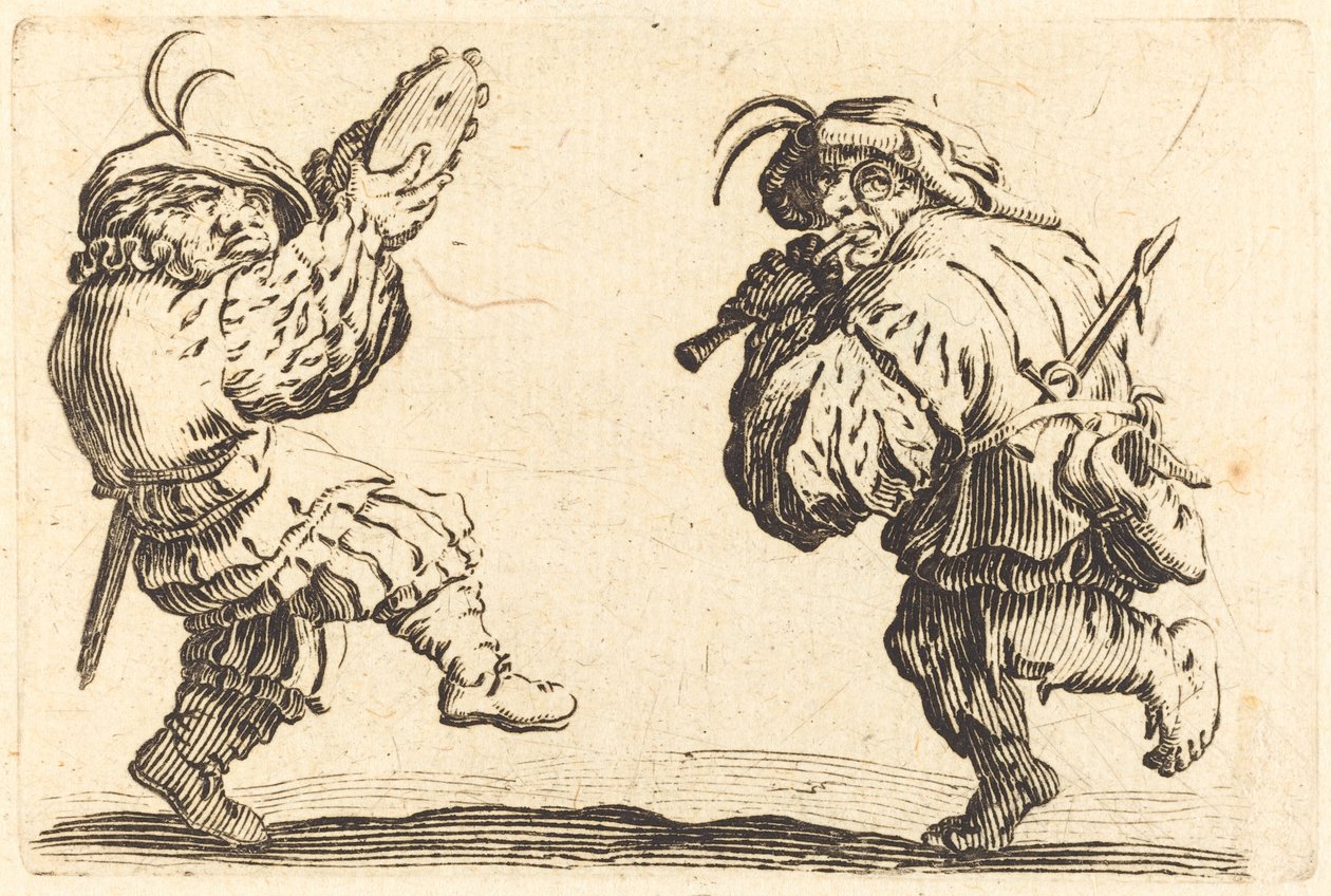 Dançarinos com flauta e pandeiro de Jacques Callot