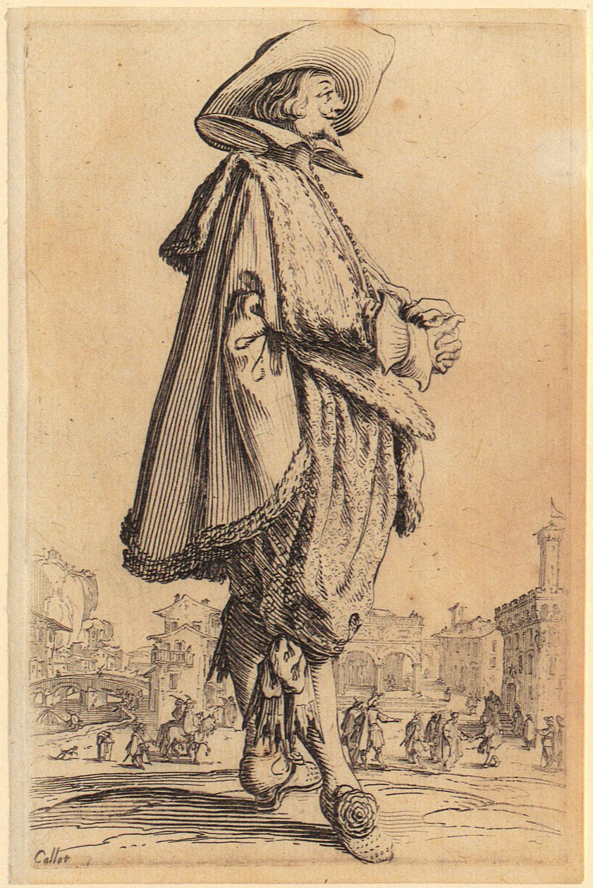 Fidalgo com chapéu, mãos juntas, prancha 11 da série «A Nobreza» de Jacques Callot