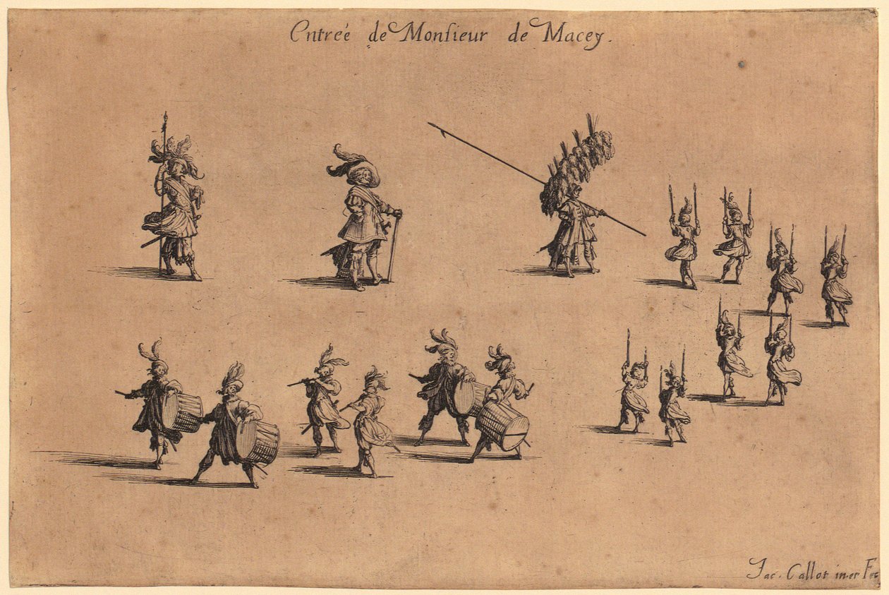 Cavalheiro com casaco guarnecido de pele, mãos cruzadas atrás das costas, folha 7 da série «A Nobreza» de Jacques Callot