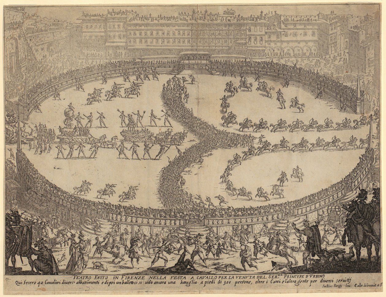 Entrada das carruagens e desfile da infantaria e da cavalaria na Piazza Santa Croce, em Florença, em honra do Príncipe de Urbino, folha 6 da série «A Guerra da Beleza» de Jacques Callot