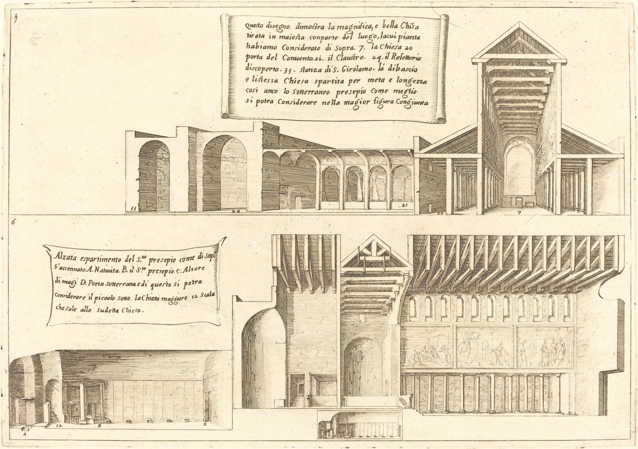 Elevação das Igrejas, incluindo a Santa Manjedoura, 1619. de Jacques Callot