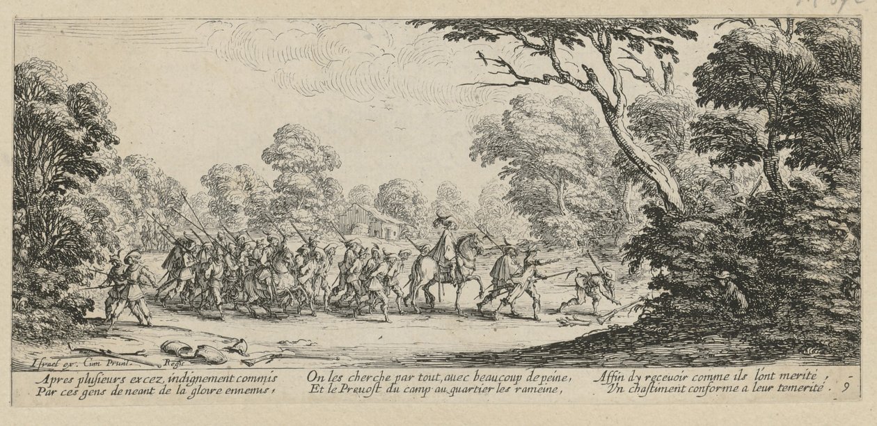 A descoberta dos criminosos, página 9 da série «Os horrores da guerra» de Jacques Callot