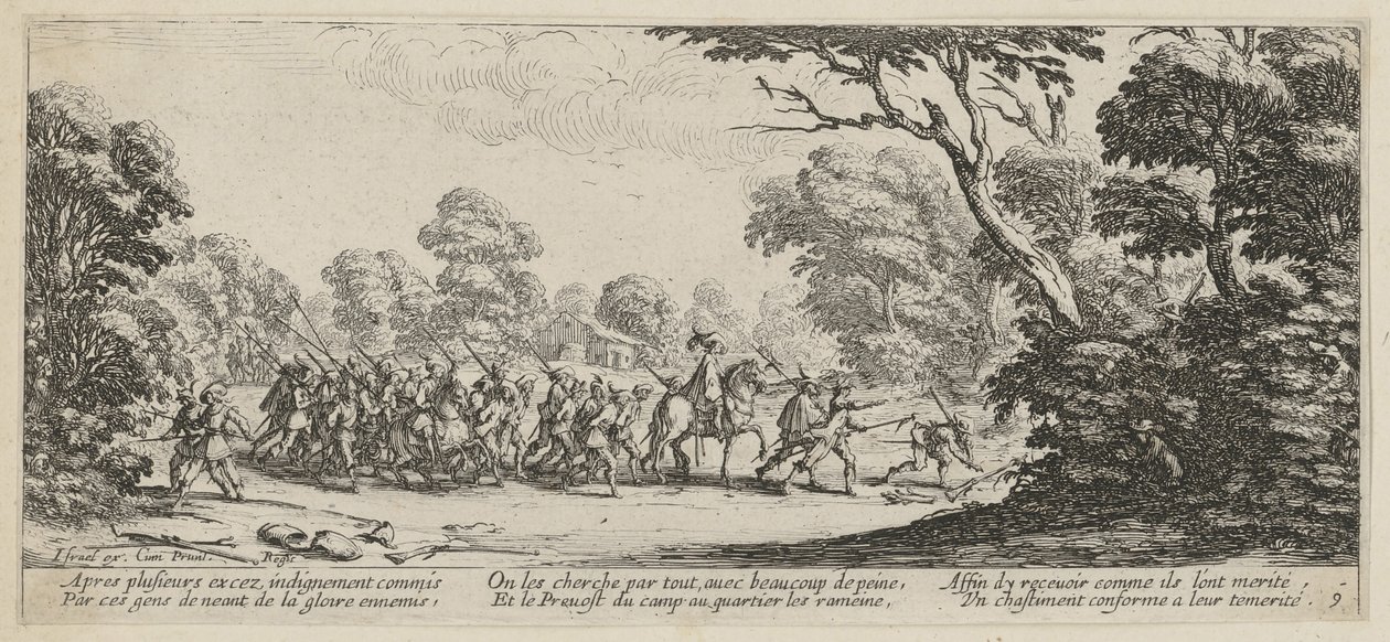 A descoberta dos criminosos, página 9 da série «Os horrores da guerra» de Jacques Callot