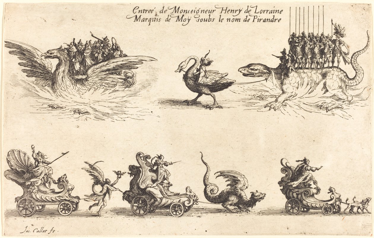 Entrada de Monsenhor Henry de Lorraine, Marquês de Moy, sob o Nome de Pirandre, 1627. de Jacques Callot