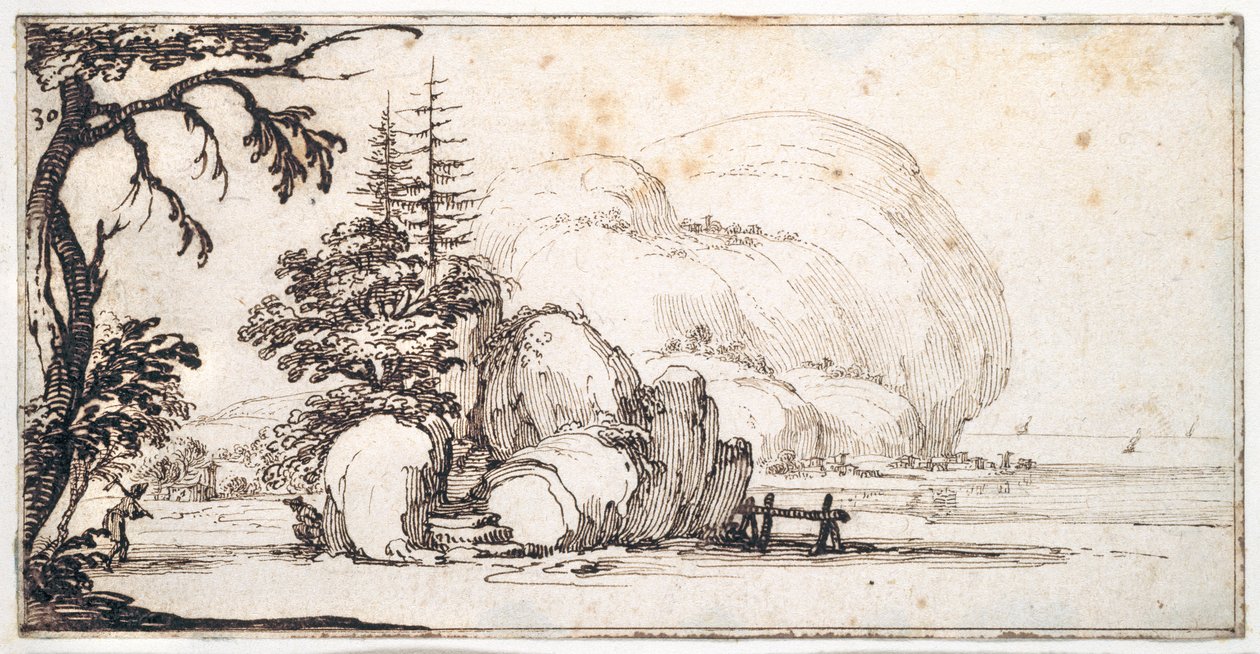Fantásticas pedras junto à costa, edifícios na costa (caneta e tinta castanha sobre papel) de Jacques Callot