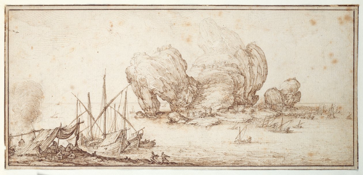 Pedras fantásticas, fortificadas. Transporte. Marinheiros bivouac à vista do seu ofício (Le Grand Rocher) (caneta e tinta sobre papel) de Jacques Callot