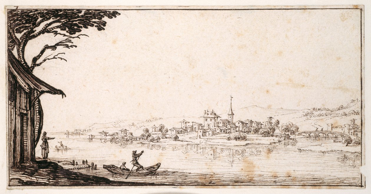 Transporte de um passageiro através de um rio até uma pequena cidade ligada por uma ponte a um castelo (caneta e tinta castanha sobre papel) de Jacques Callot