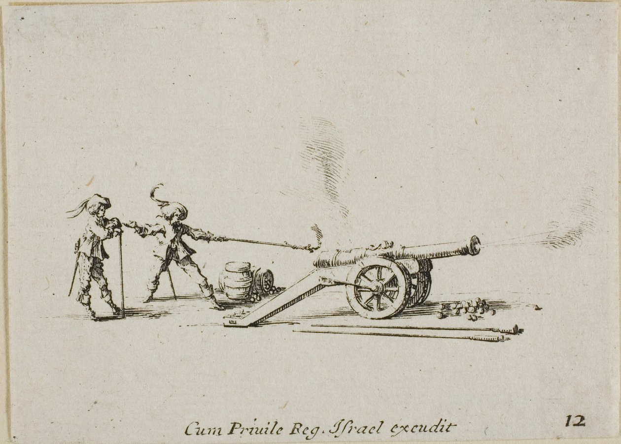 Disparando o Canon, placa doze dos Exercícios Militares de Jacques Callot