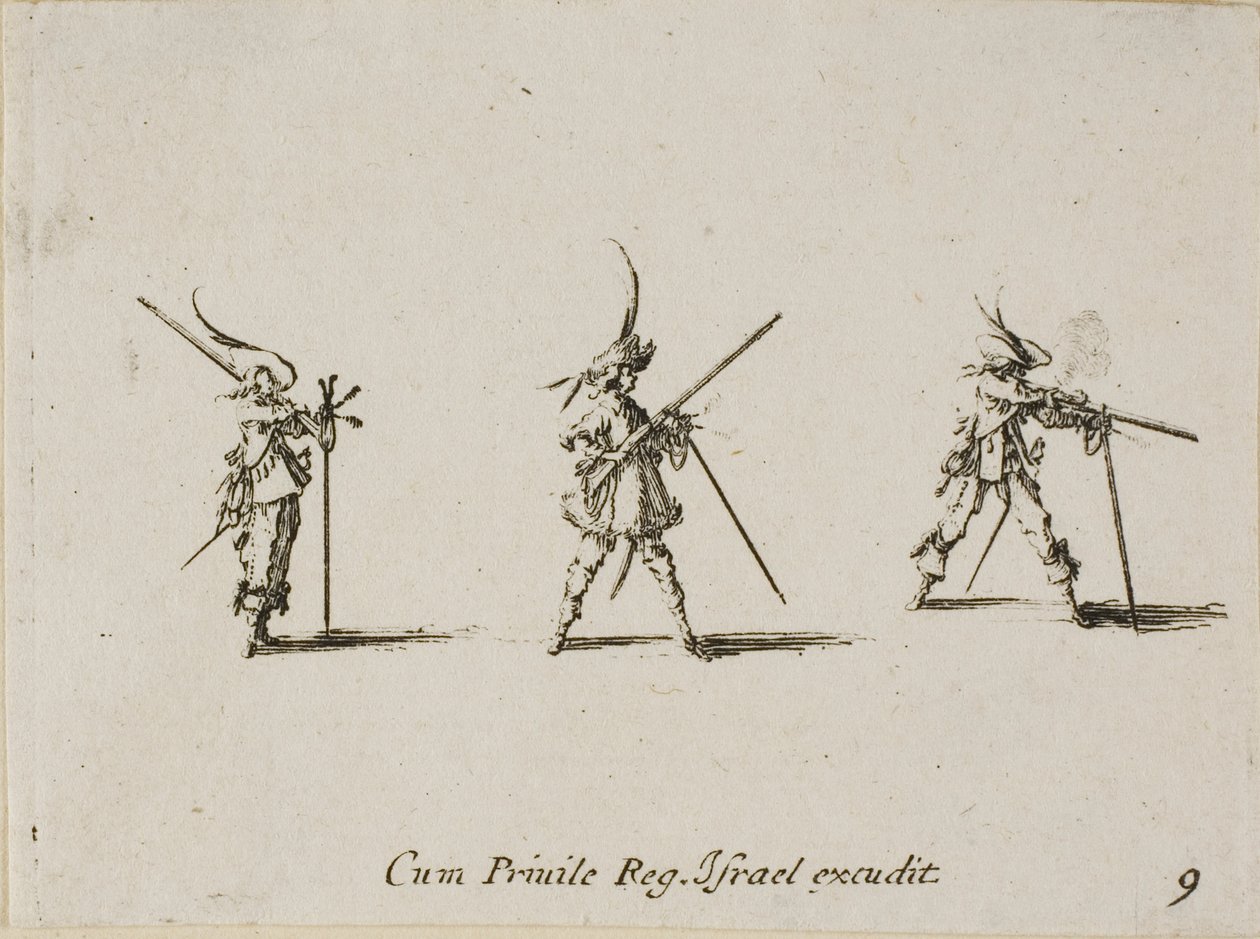 Disparando o mosquete, placa nove dos exercícios militares de Jacques Callot
