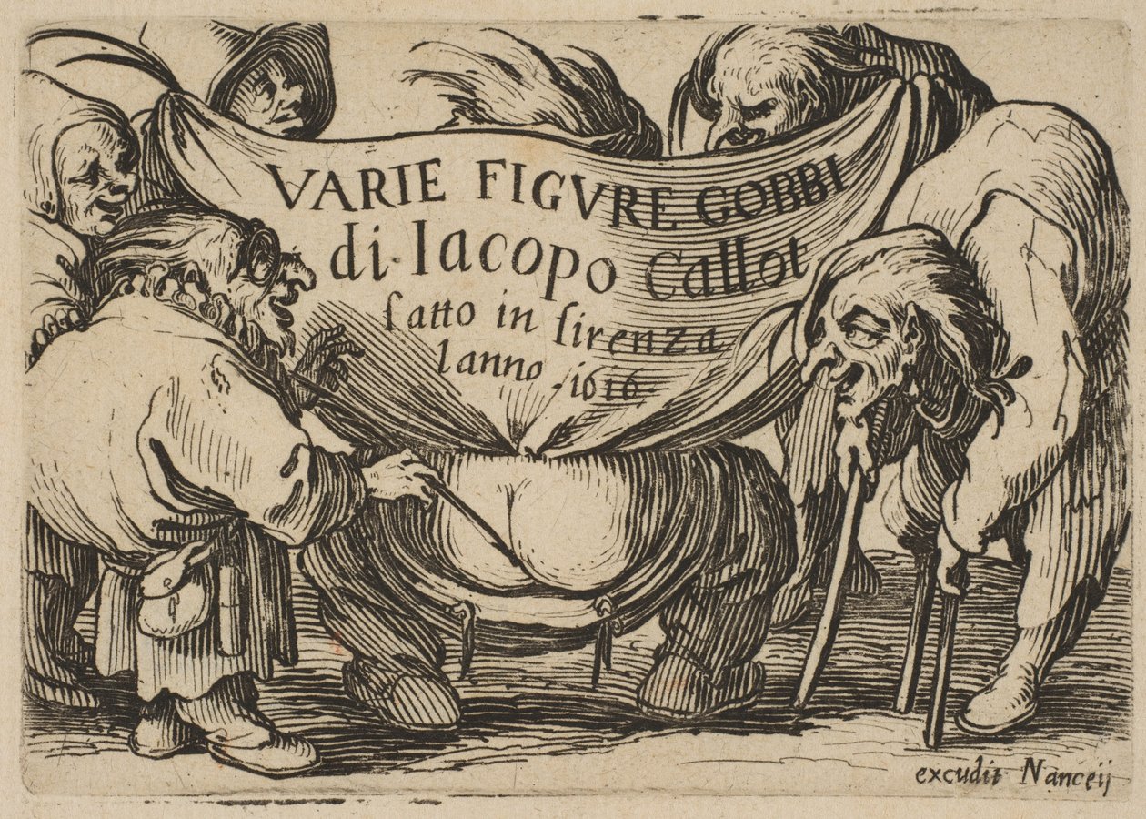 Frontispício, de Varie Figure Gobbi, suíte também chamada Les Bossus, Les Pygmées, Les ..., 1616-22. de Jacques Callot
