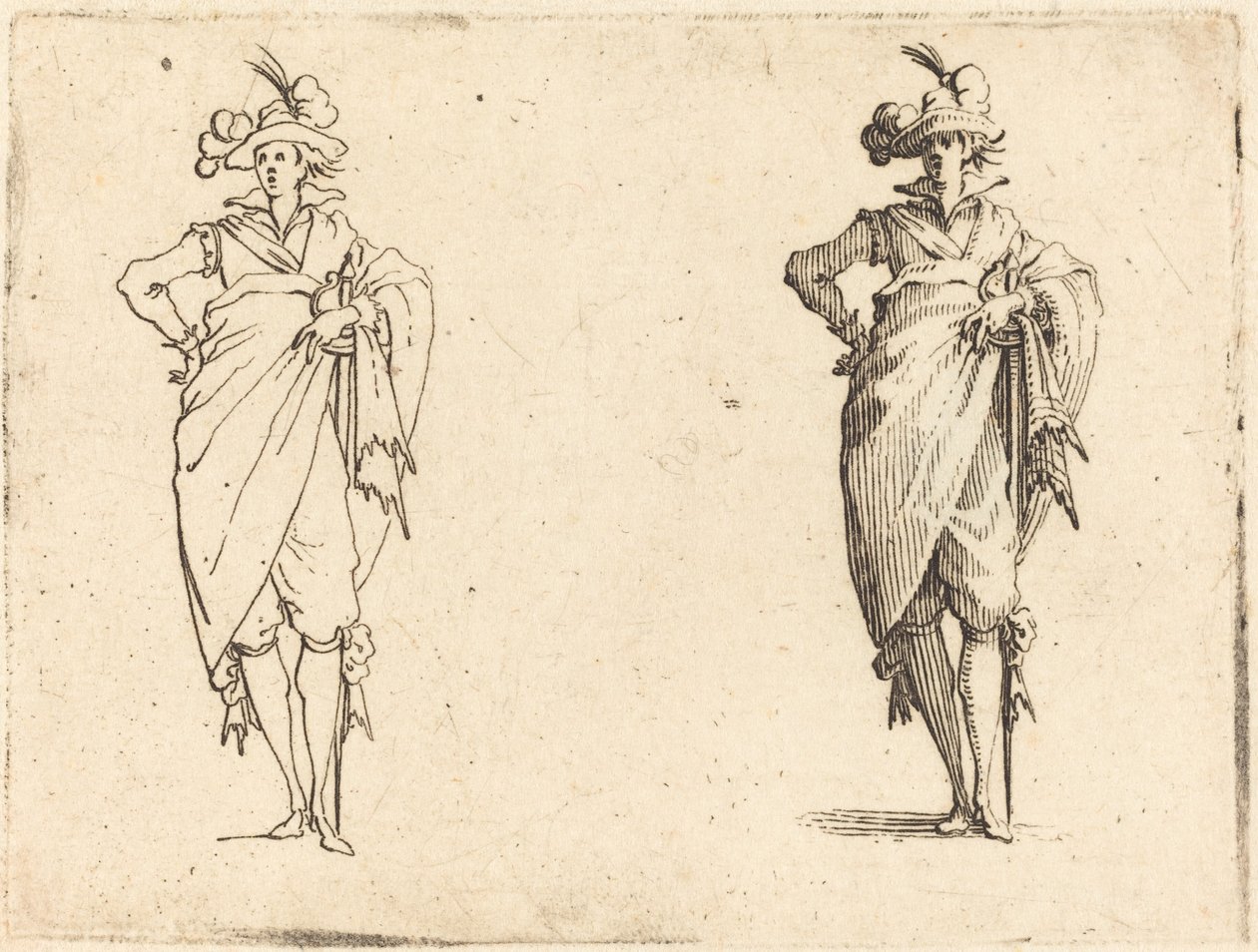 Cavalheiro visto de frente com a mão no quadril de Jacques Callot