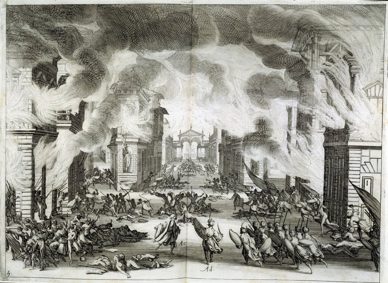 Ilustração da peça "O Solimão" (Il Solimano). Tragédia de Próspero Bonarelli, Ato V, Cena V, 8 de dezembro de Jacques Callot
