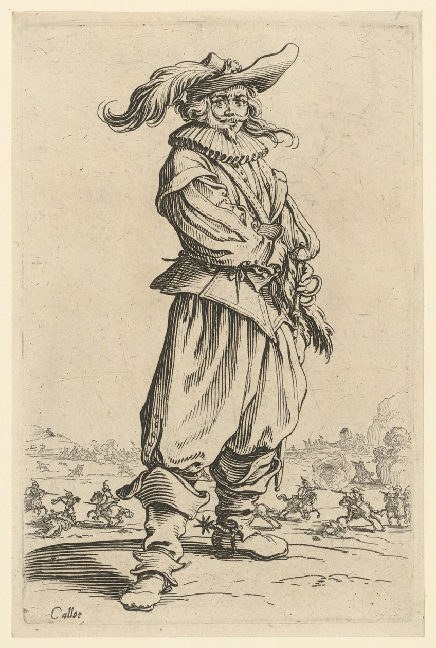 Guerreiro com o grande chapéu de penas de Jacques Callot