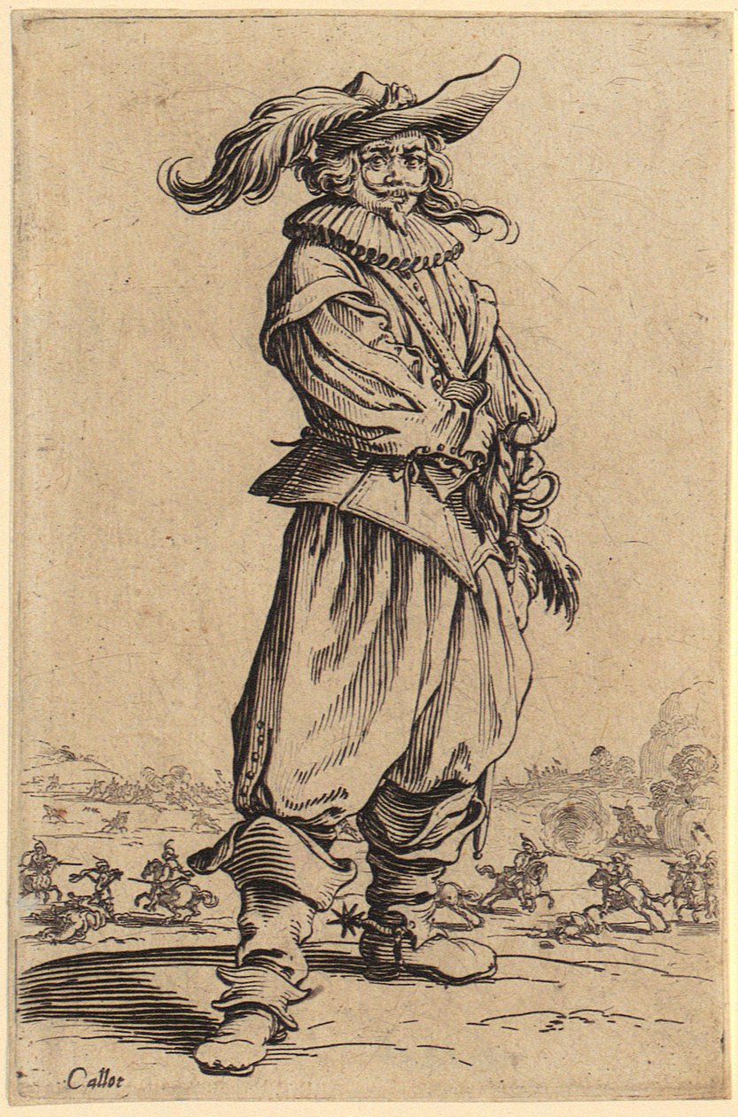 Guerreiro com grande chapéu de plumas, prancha 3 da série "A nobreza" de Jacques Callot
