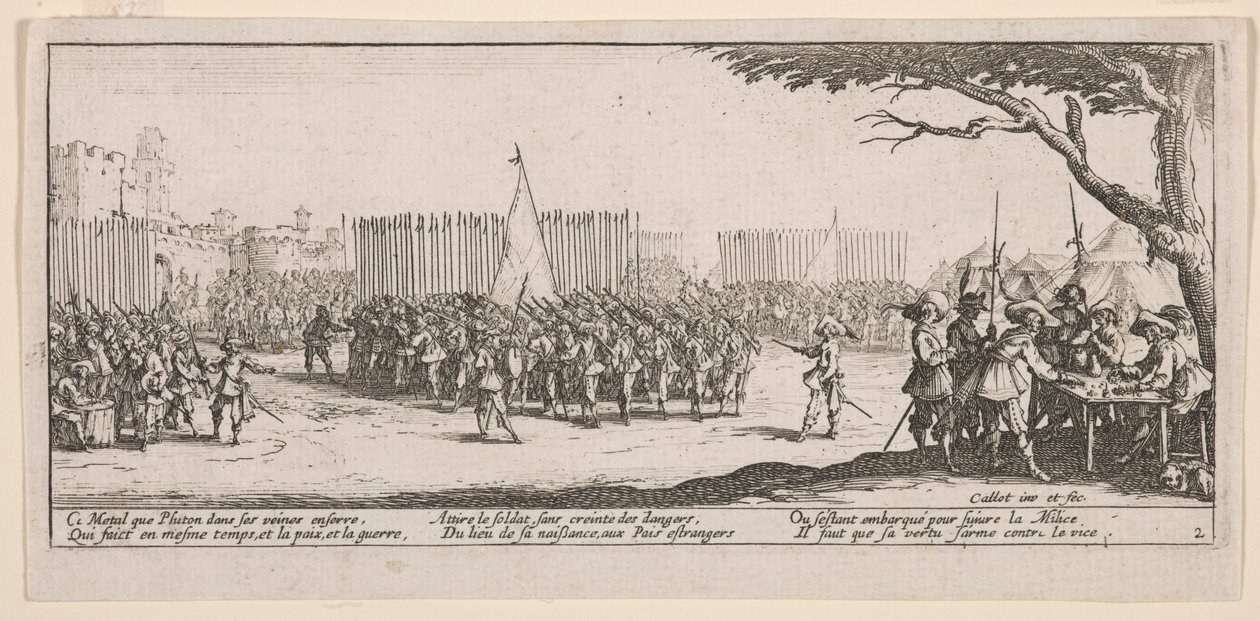 Inscrição das Tropas, ilustração de The Large Miseries of War de Jacques Callot