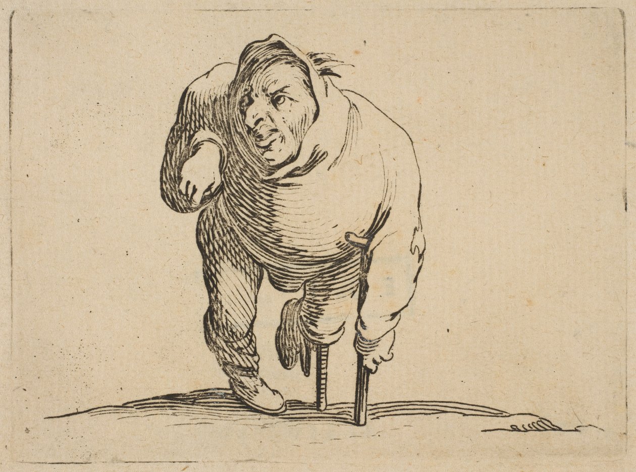 Estropie à la Muleta e La Jambe de Bois O Aleijado com uma Muleta e uma Madeira ..., 1616-22. de Jacques Callot