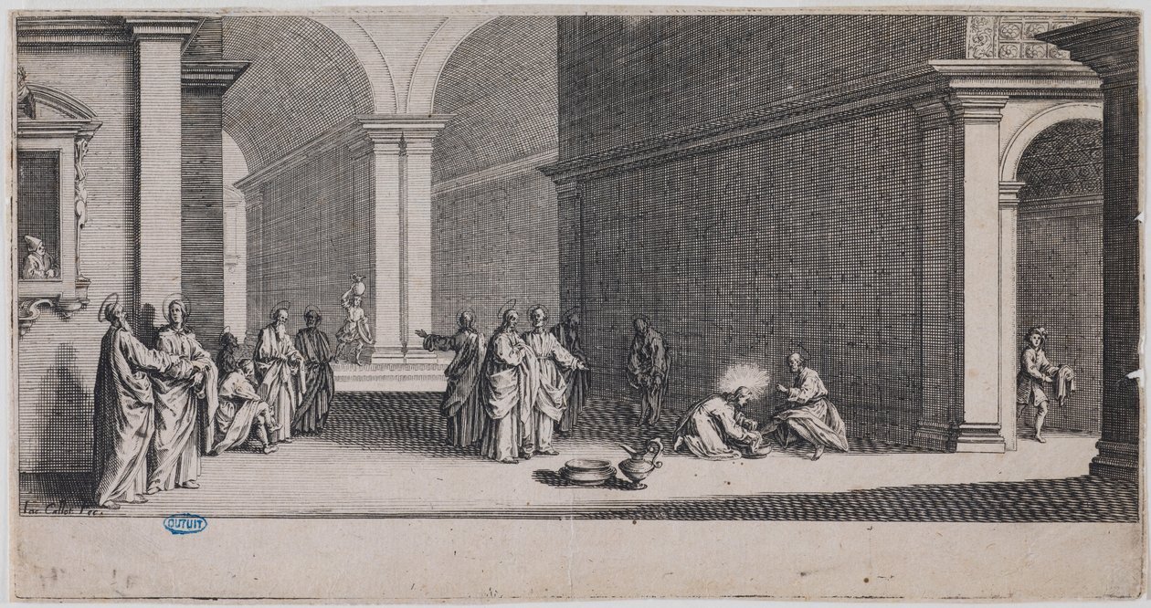A Grande Paixão, O Lava-pés. Primeira estampa de uma série de 7 estampas (Lieure 281, Meaume 12) de Jacques Callot