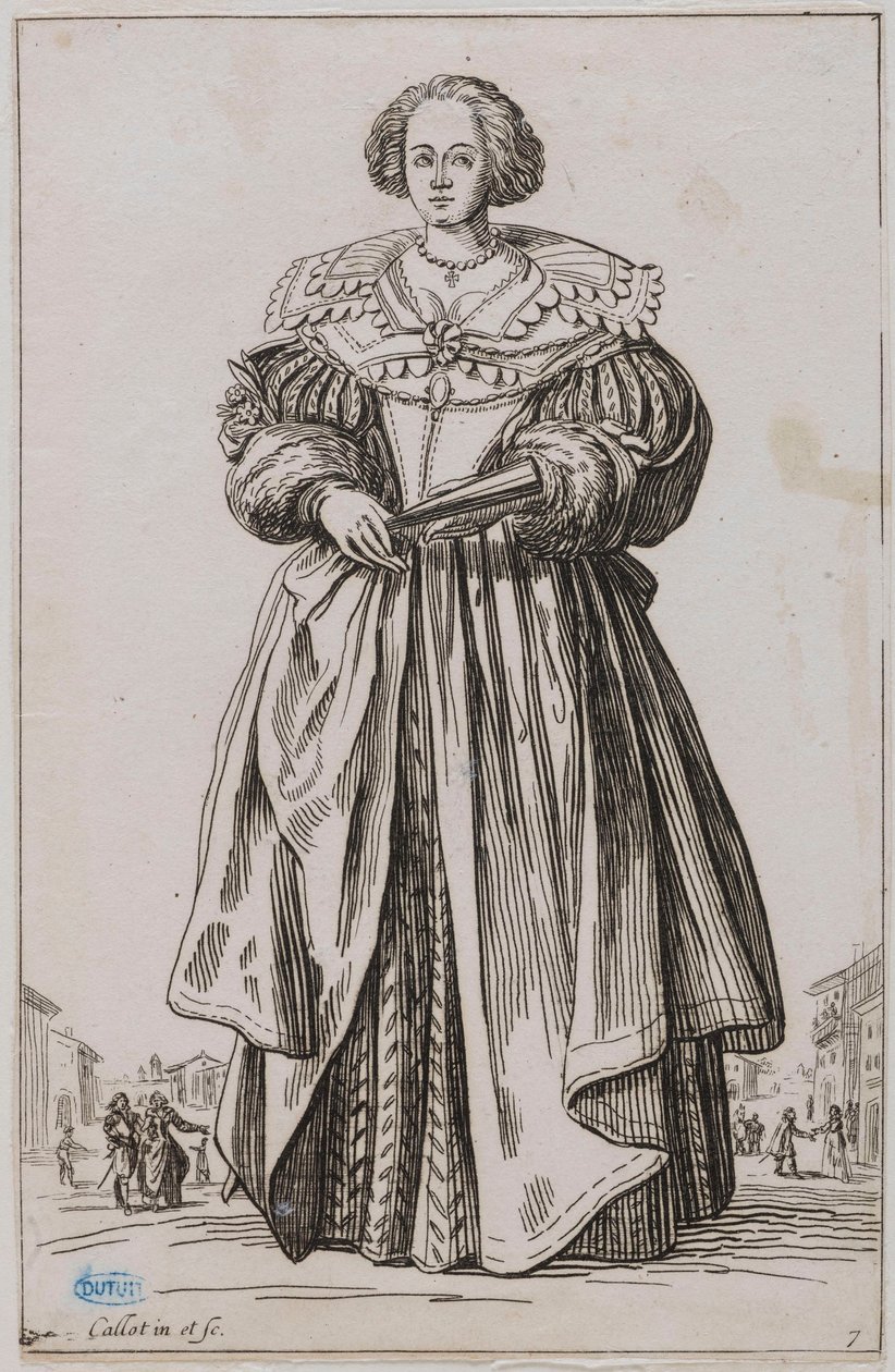 A Nobreza, A Senhora do Leque. Nono número de uma série de 12 peças (Lieure 557, Meaune 683) de Jacques Callot