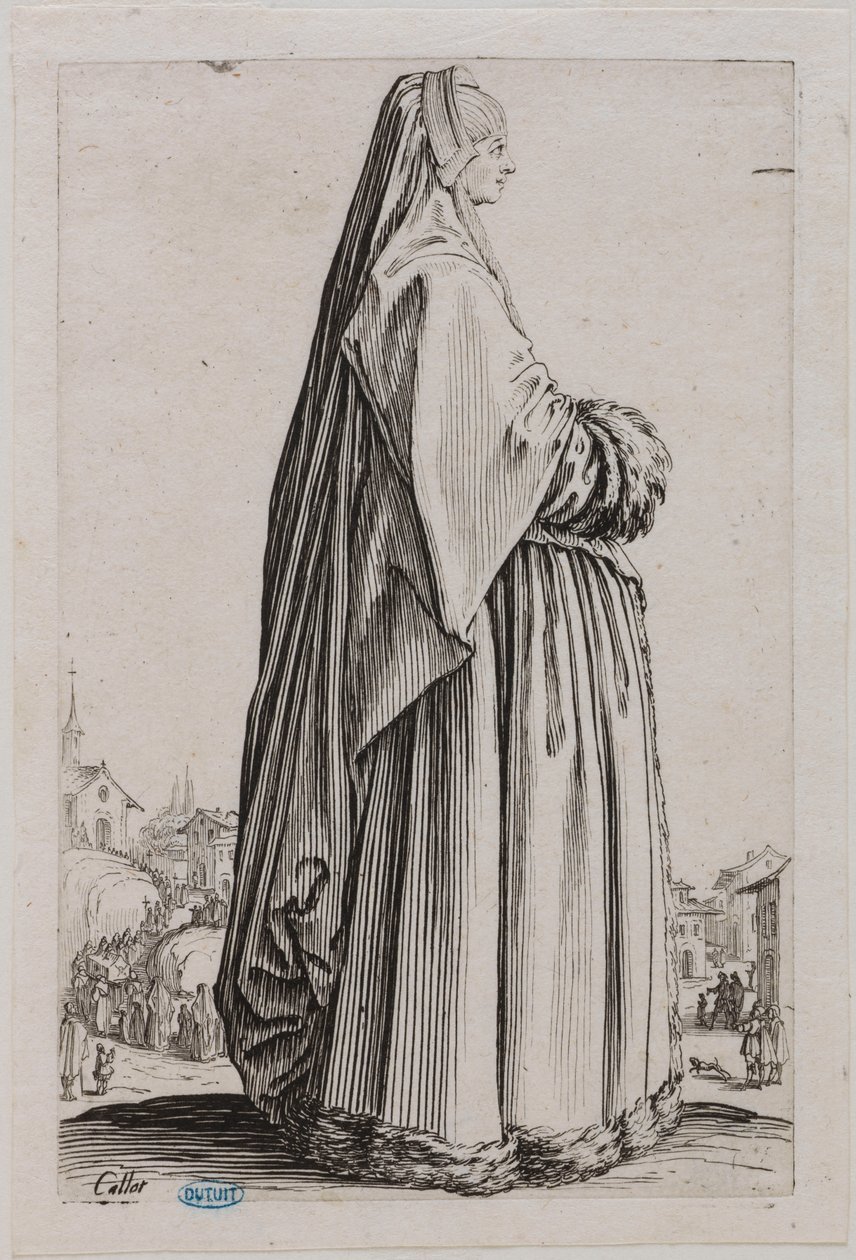 A Nobreza, A Senhora com um grande véu na cabeça e um vestido com bordas de peles. Quinta peça de uma série de 12 (Lieure 553, Meaume 679) de Jacques Callot