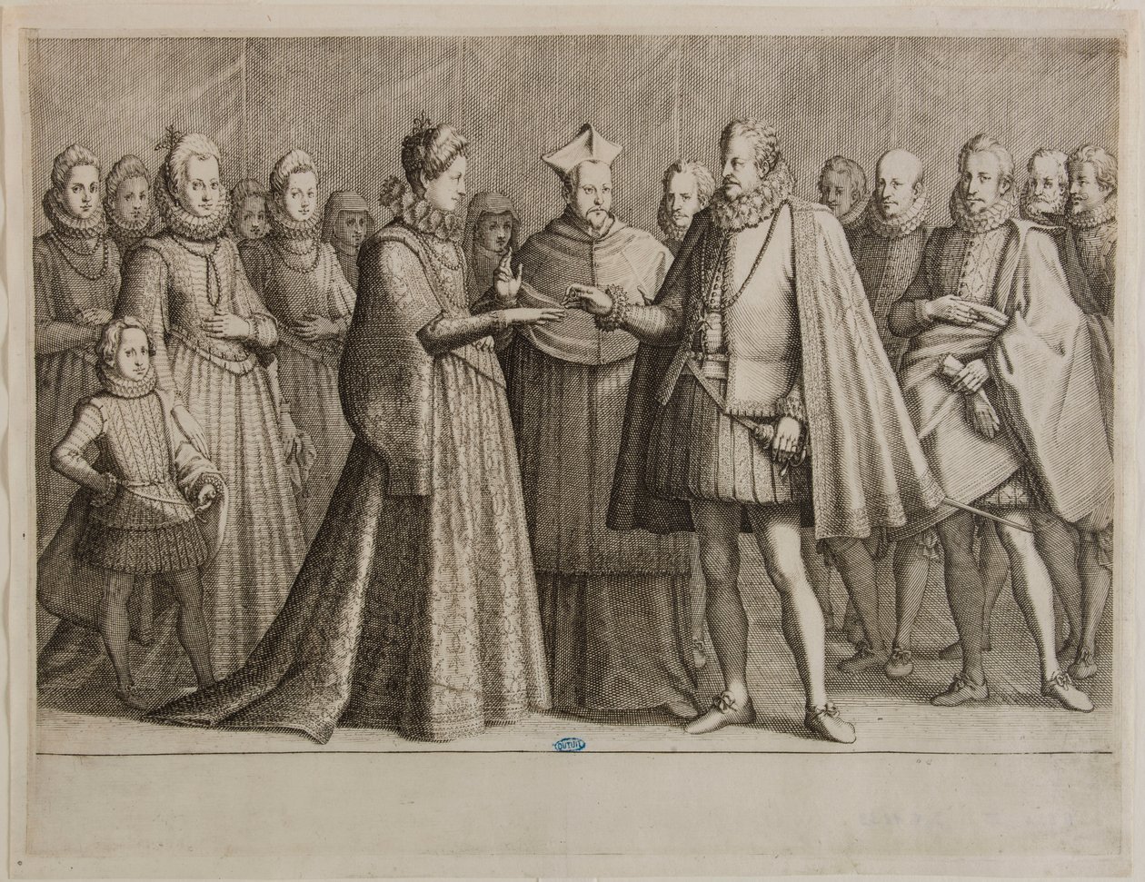 A Vida de Fernando I de Médici, O Casamento de Fernando I. Primeiro número de uma série de 16 peças concluídas e 2 peças suplementares (Lieure 147, Meaume 534) de Jacques Callot