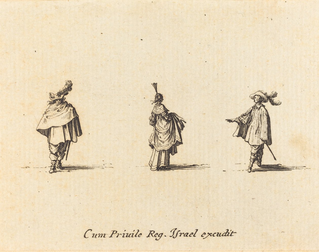 Senhora com vestido reunido e dois cavalheiros de Jacques Callot