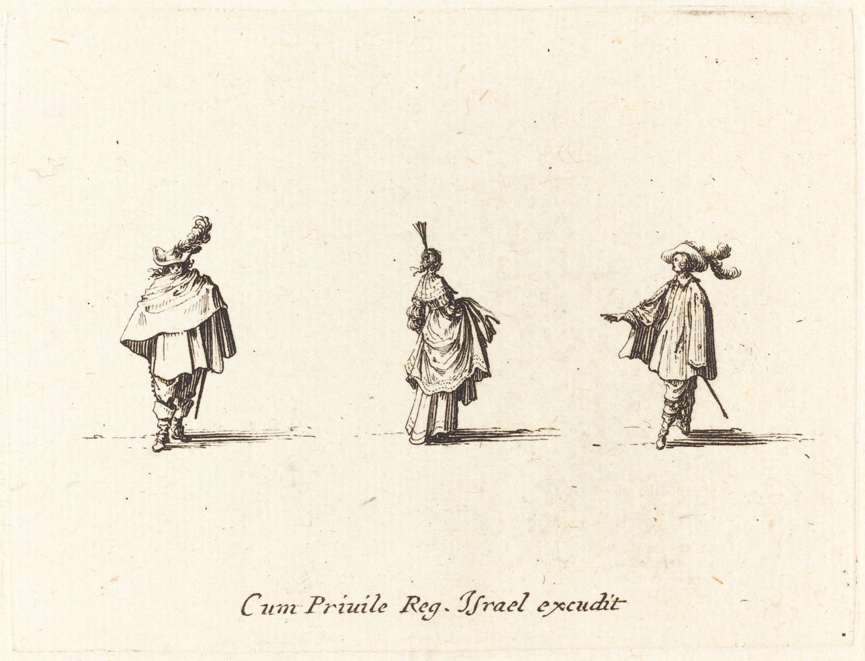 Senhora com vestido reunido e dois cavalheiros de Jacques Callot