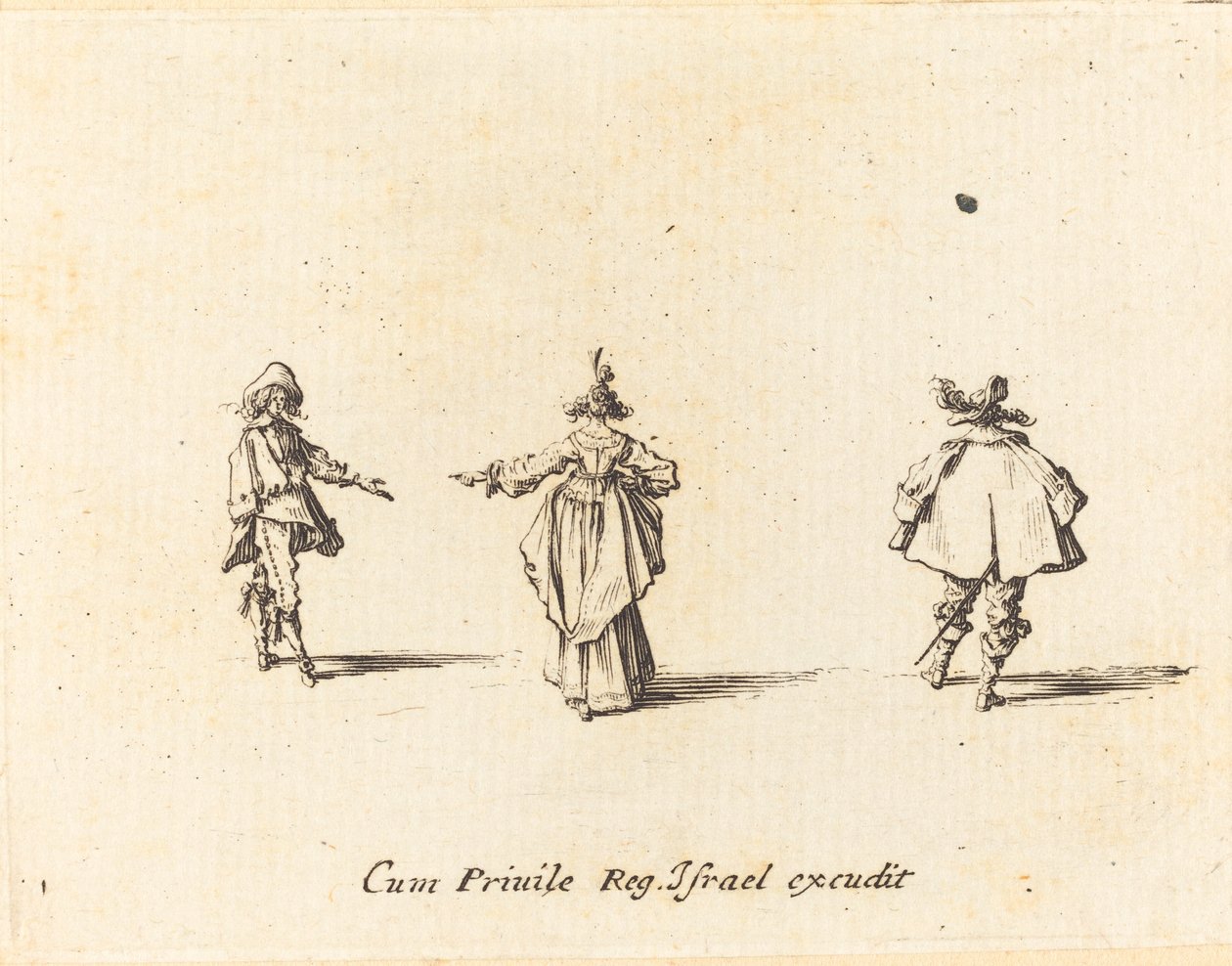 Senhora com braço estendido, visto de trás, e dois cavalheiros de Jacques Callot