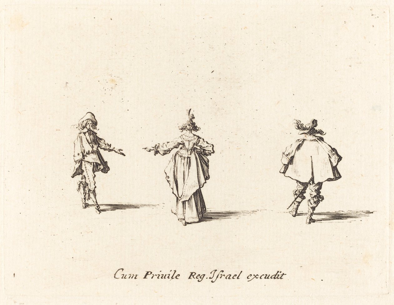 Senhora com braço estendido, visto de trás, e dois cavalheiros de Jacques Callot
