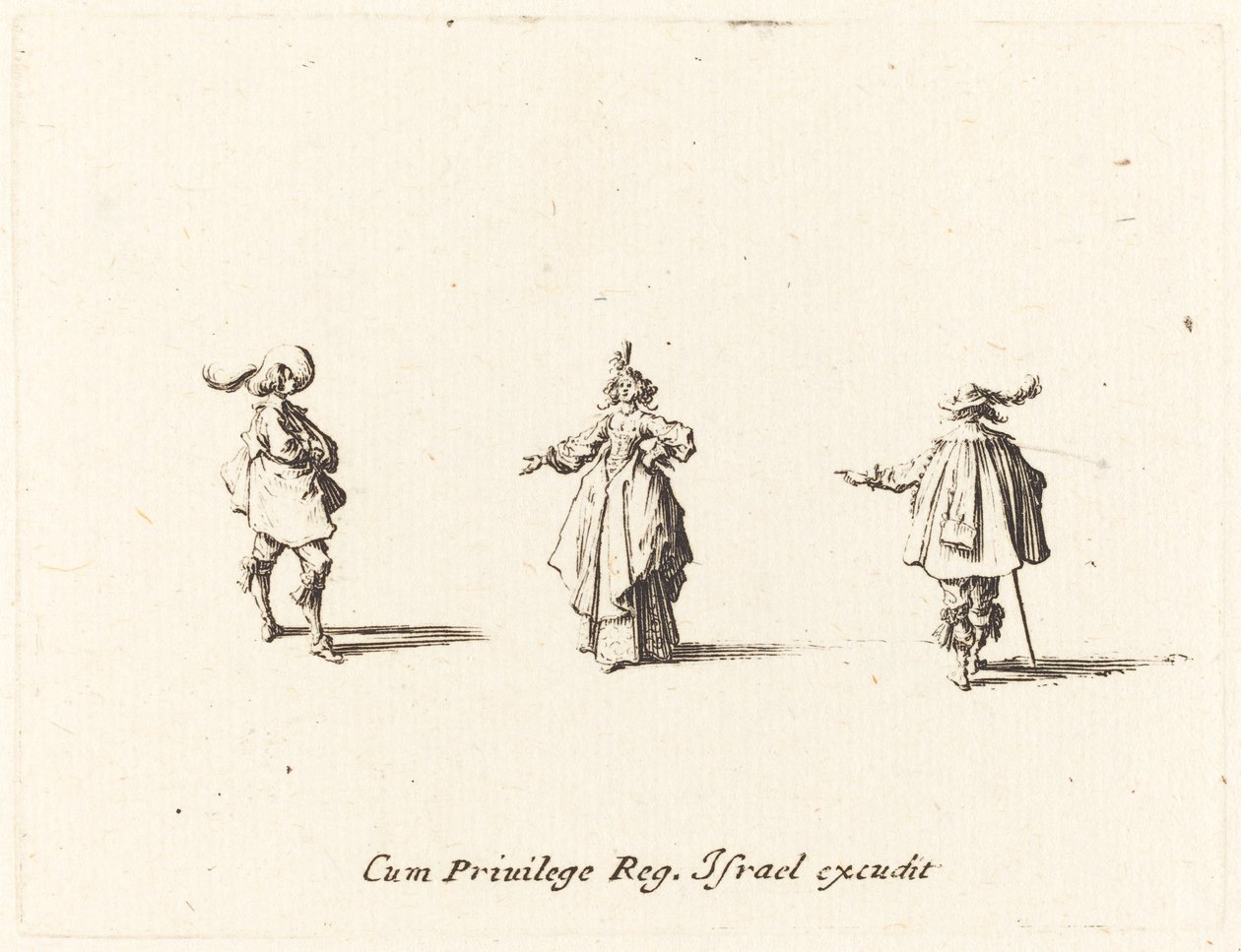 Dama de Braço Estendido e Dois Cavalheiros, provavelmente 1634. de Jacques Callot