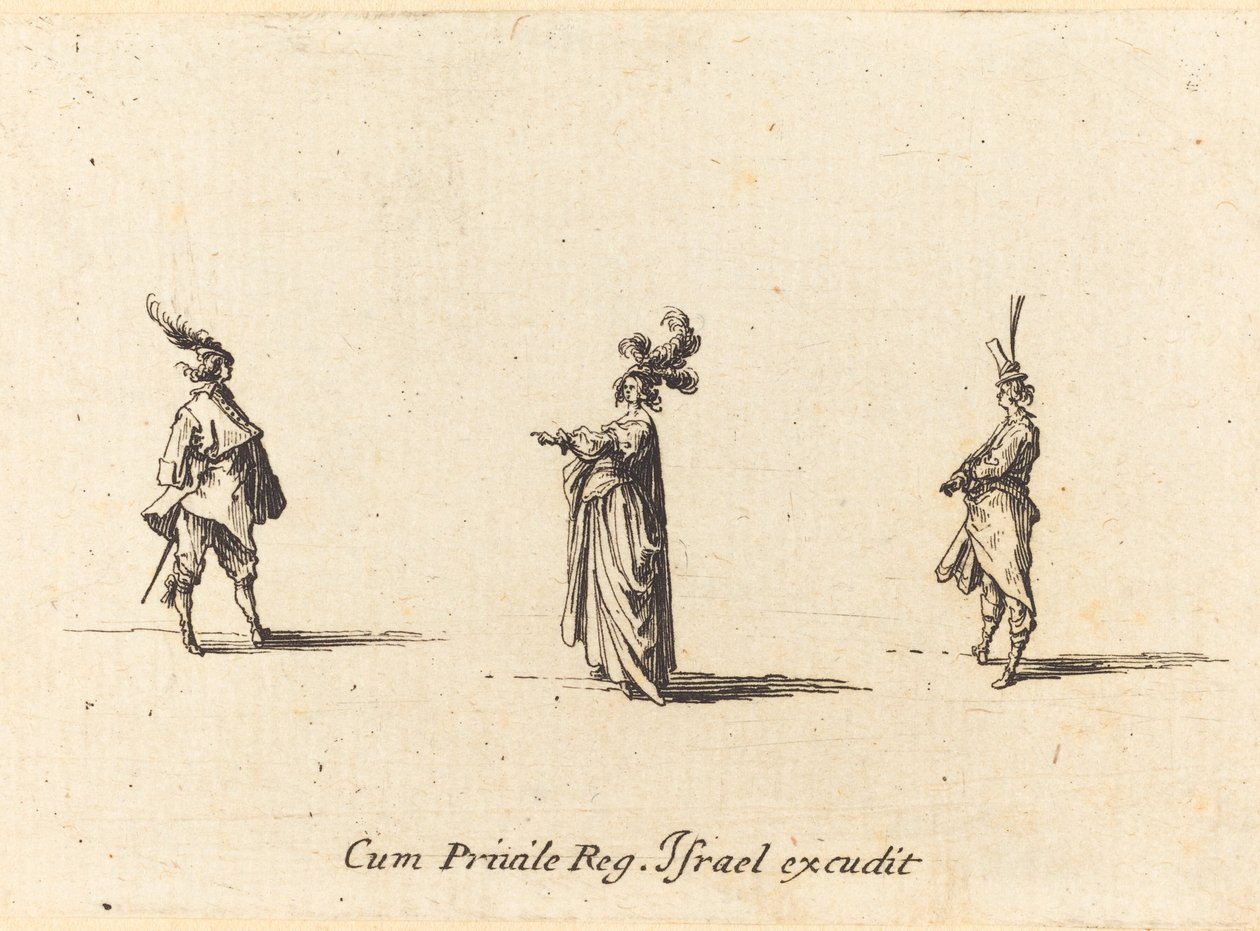 Senhora com chapéu emplumado e dois cavalheiros de Jacques Callot